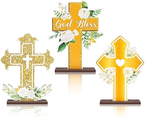 ANGOLIO 3 piezas de cruz de madera con purpurina floral dorada que Dios bendiga centros de mesa extraíbles para fiesta cristiana, decoración de