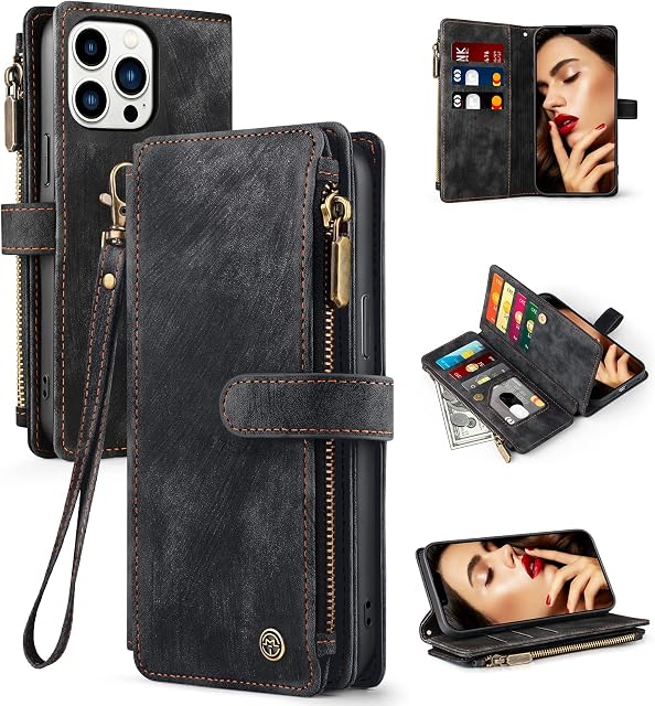 Vofolen for iPhone 13 Pro Max Case Wallet Case with Card Holder Slots Wallet Flip Stand Case Wristlet Zipper Magnetic Closure Shockproof Protective Case Cover for iPhone 13 Pro Max Phone Case-Black
