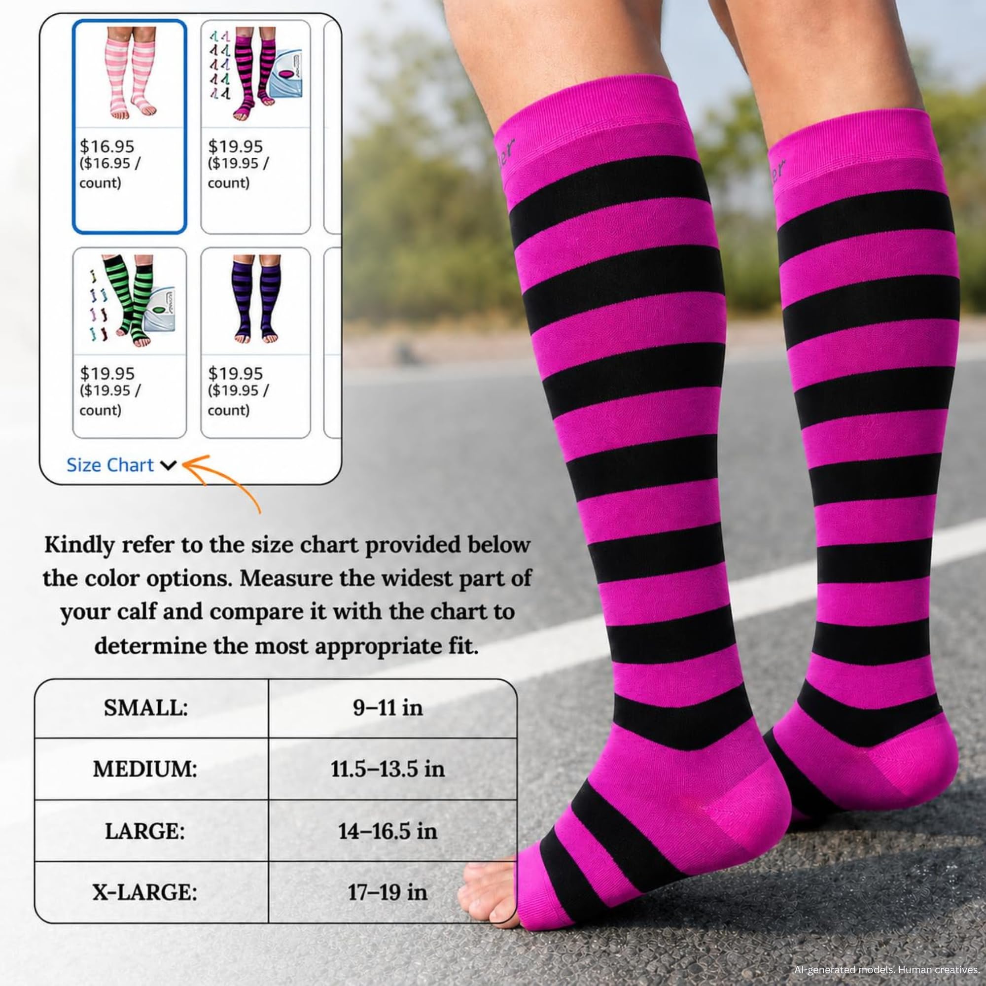 Doc Miller Calcetines de compresión de punta abierta para mujeres y hombres, 15-20 mmHg, medias de pantorrilla ancha hasta la rodilla para embarazo, venas varicosas, férulas de espinillas, hinchazón