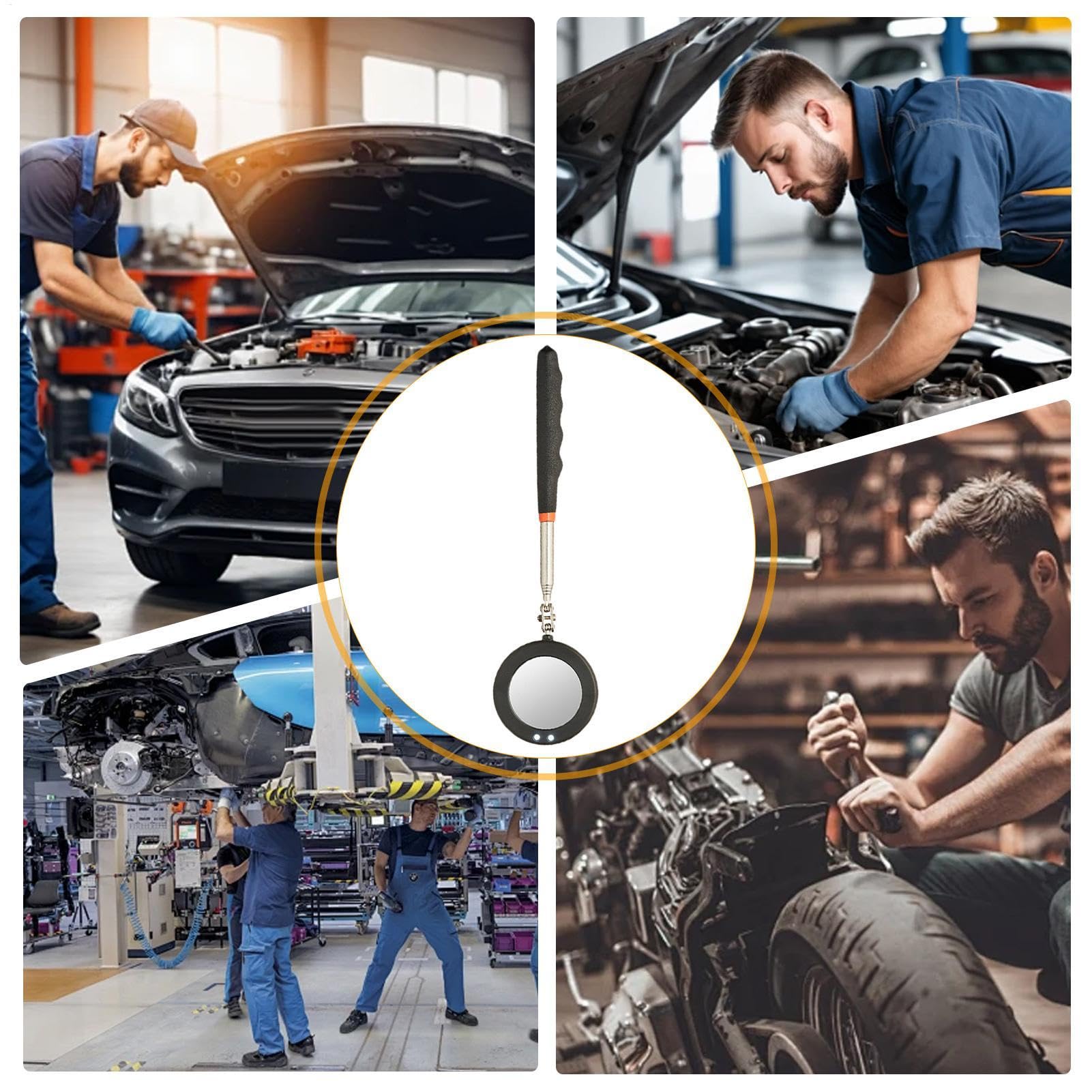 Car Mechanic Inspection Glass, Telescoping LED Tool, Stainless Steel Extendable Handle, Retractable Mirror Light, Automotive Repair Gadget For Engine, Machine, Hard To Reach Areas