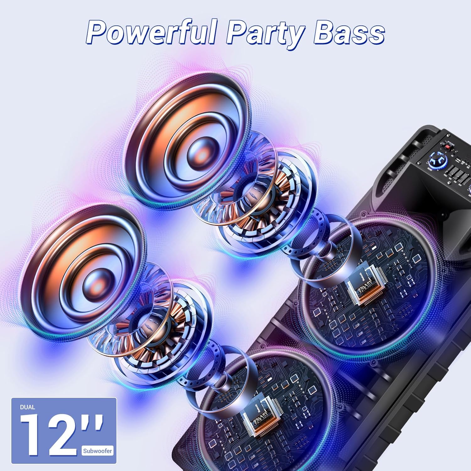 Dual 12’’ Wireless Party Bluetooth Speaker with Microphone, Remote, Portable PA Speaker System, RGB LED Party Lights, Karaoke Machine with Treble & Bass, FM/AUX/USB/TF/TWS/Echo - Image 2