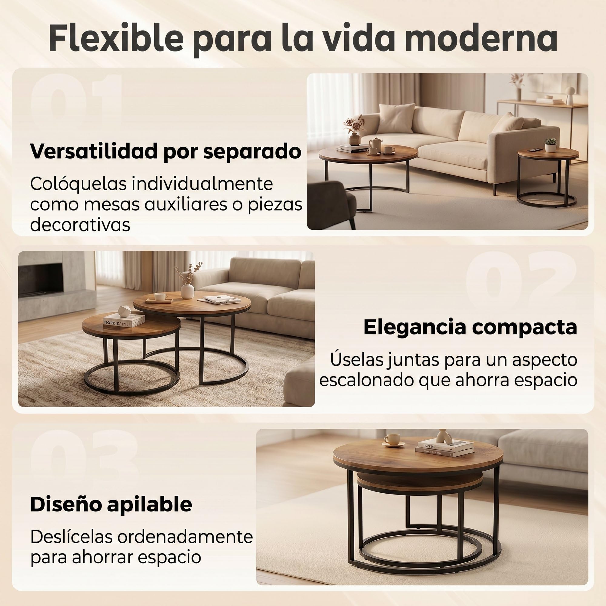 HOMCOM Set de 2 Mesas de Centro Redondas Nido, 60x60x 45 cm, Marrón | Industriales, Estructura Metálica, Salón, Dormitorio u Oficina