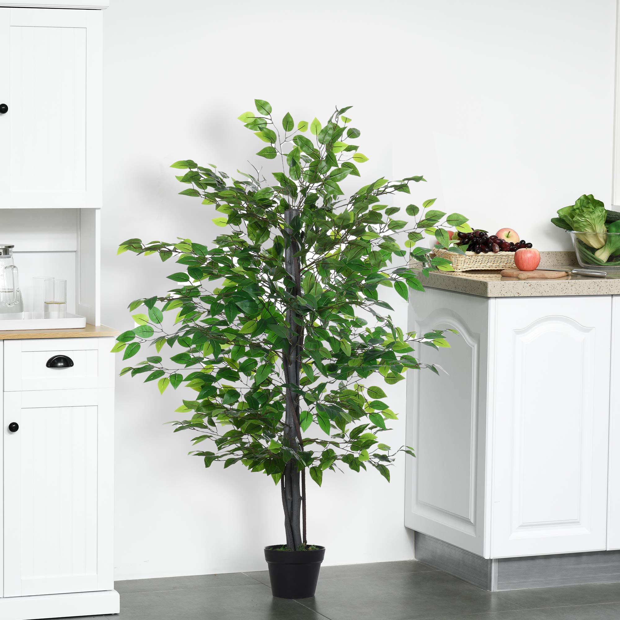 Outsunny Arbre Artificiel Plante Artificielle ficus H.1,45 m Tronc Branches Liane Lichen Feuilles Grand réalisme Pot Inclus