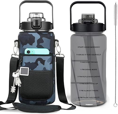 Miniatura 6 de Botella de agua de medio galón con manga, botella de agua motivacional de 64 onzas con popote y marcador de tiempo, botella de agua grande para