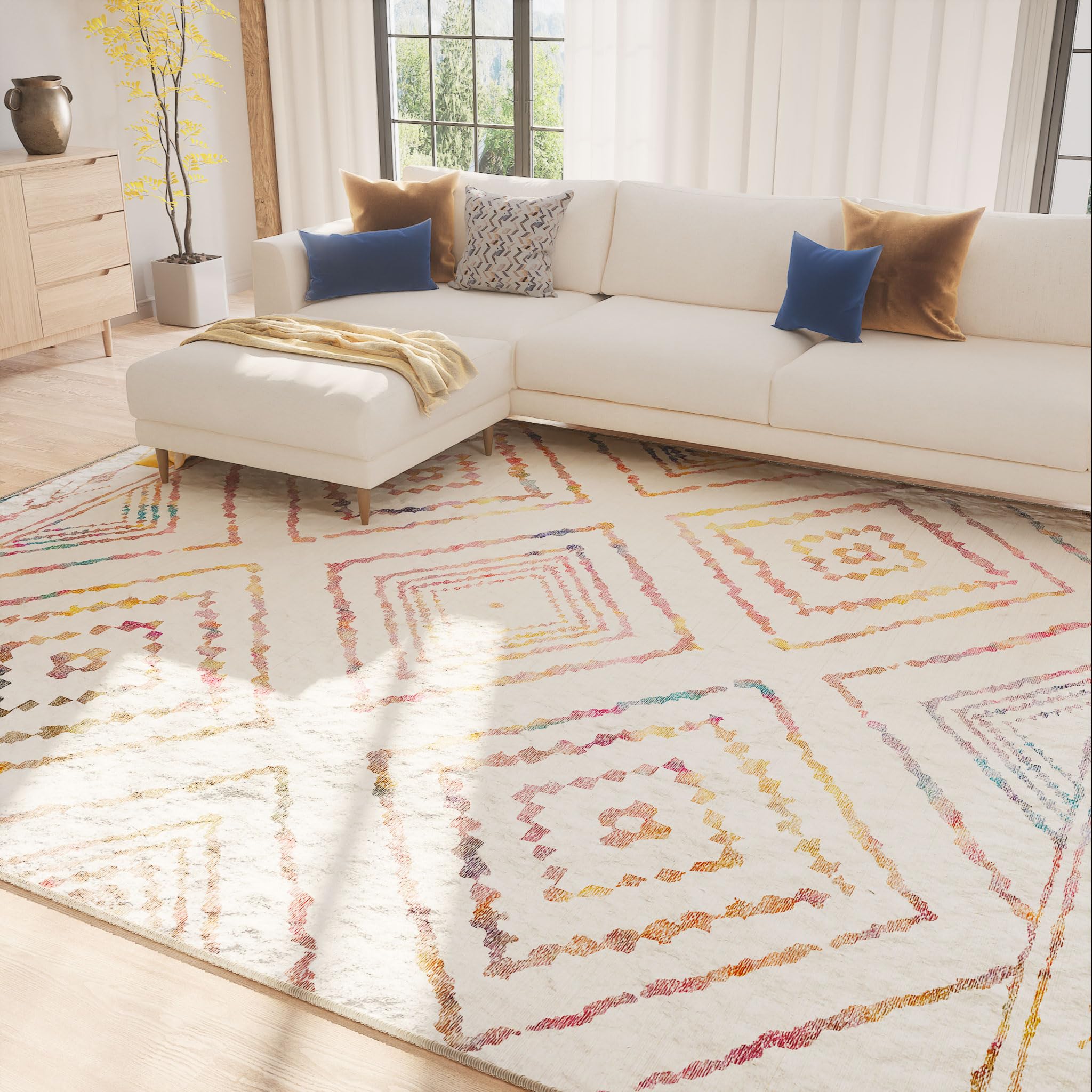 BESTSWEETIE 8x10 Area Rugs Moroccan Rug 8x10 Rugs Farmhouse Rug Machine Washable Rugs Non-Slip Low Pile Water Repellent Ultra Soft Faux Wool for Living Room Bedroom Indoor Colourful