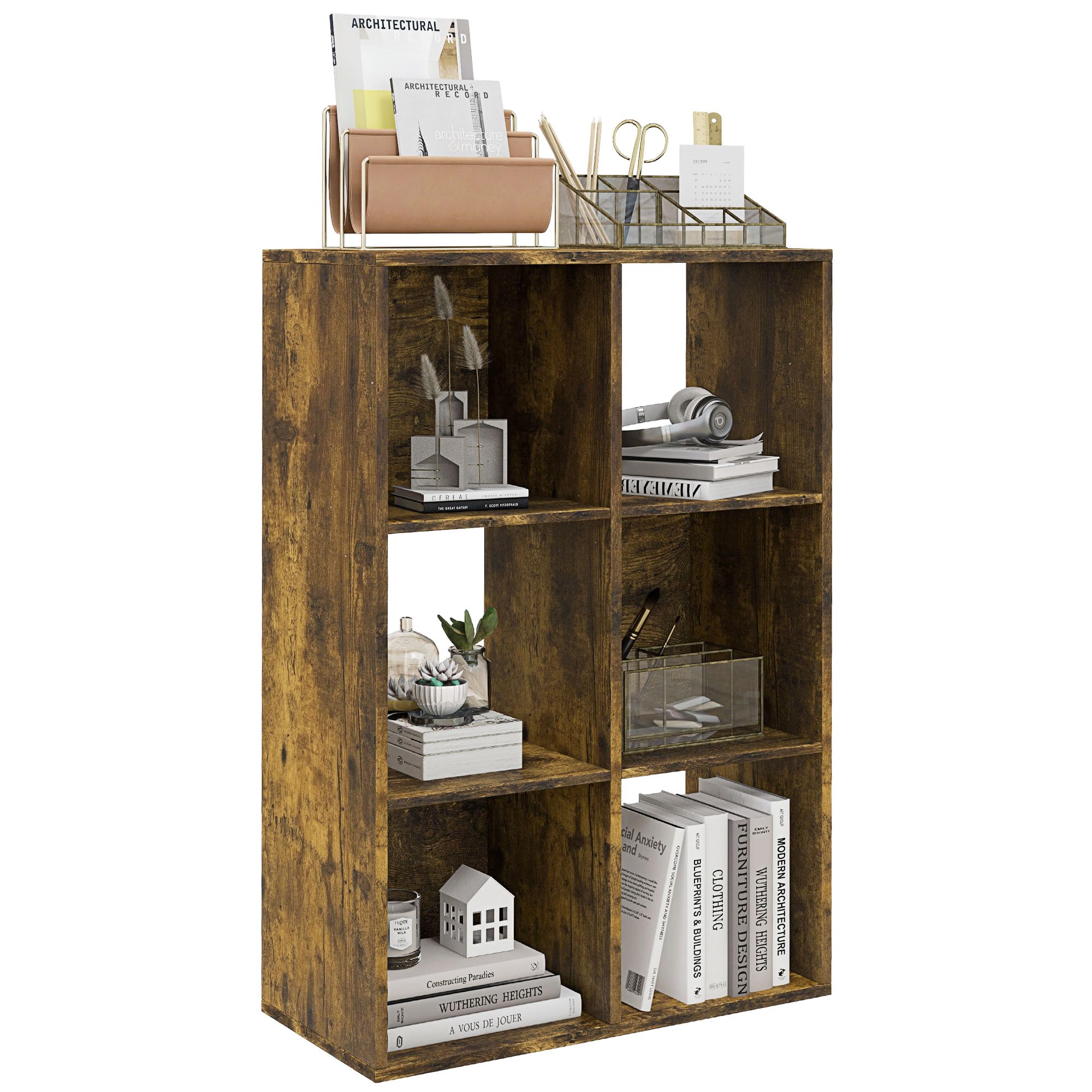 HOMCOM 6-Cube Bookshelf Modern Freestanding 3-Tier Bookcase Rustic Brown