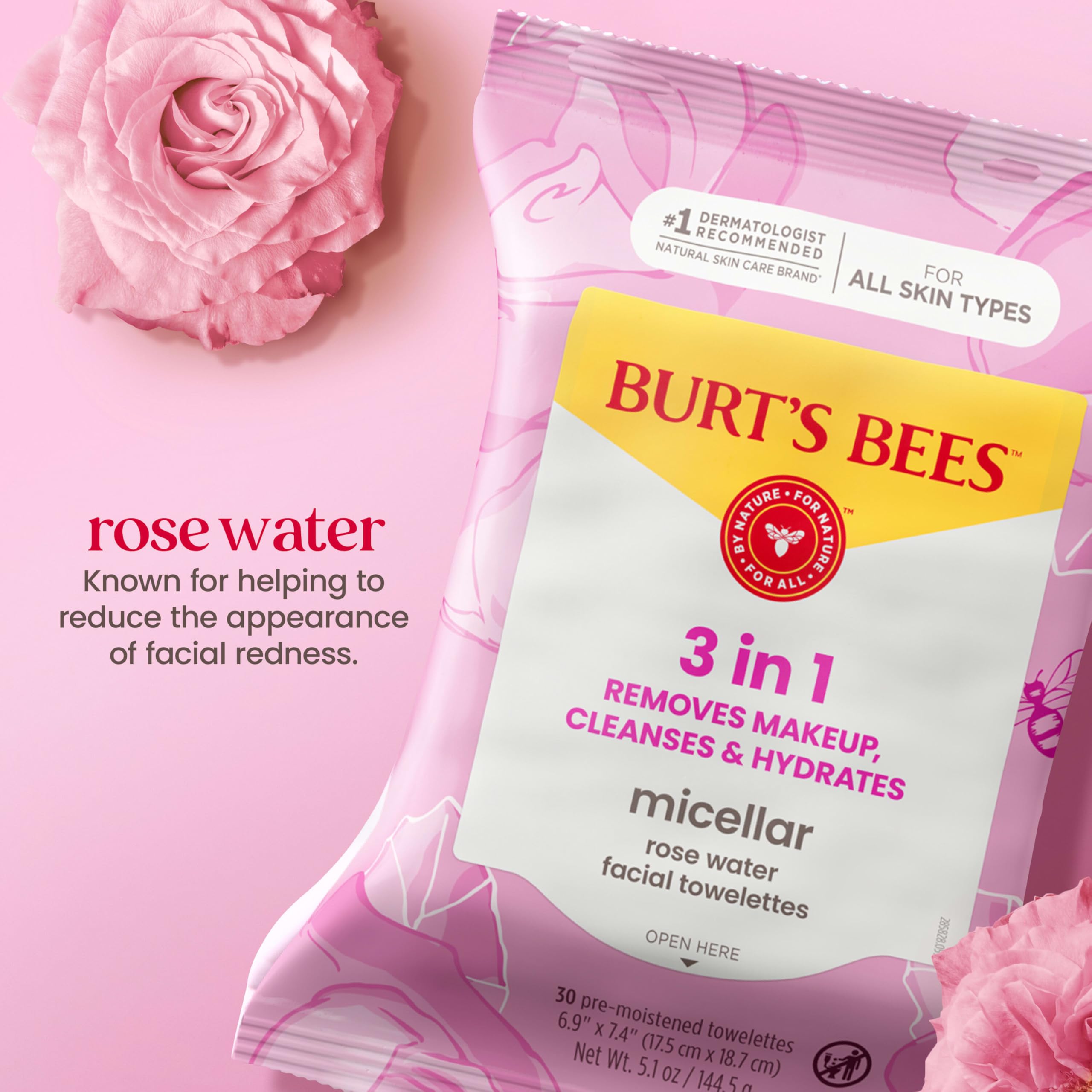 Burt's Bees Gül Suyu İçeren Micellar Makyaj Temizleme Mendili, 30 Adet