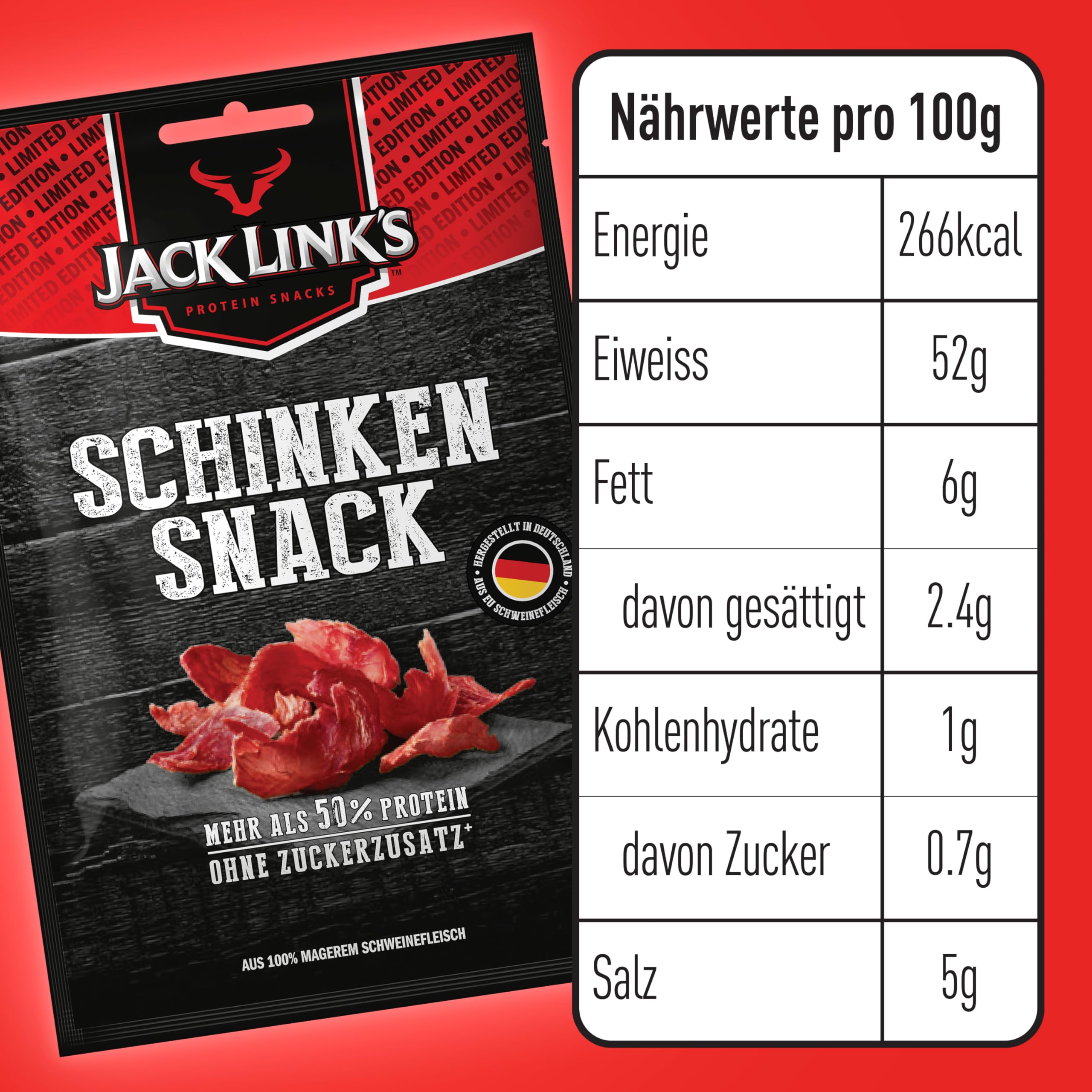 Jack Link’s Snack de Jambon - Pack de 12 (12 x 25 g) - Snack de viande riche en protéines à base de porc - High protein pour le sport - Viande séchée savoureuse fabriquée en Allemagne