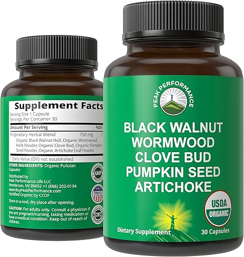 USDA Organic Wormwood Black Walnut Clove Cleanse for Humans. Suplemento de cápsulas de desintoxicación de eliminación + apoyo intestinal para