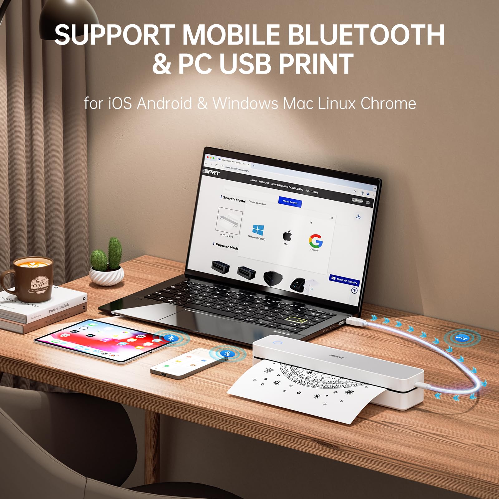 Stampante Termica Portatile IDPRT - 300 Dpi, Bluetooth, Senza Inchiostro, Compatibile IOS/Android/PC