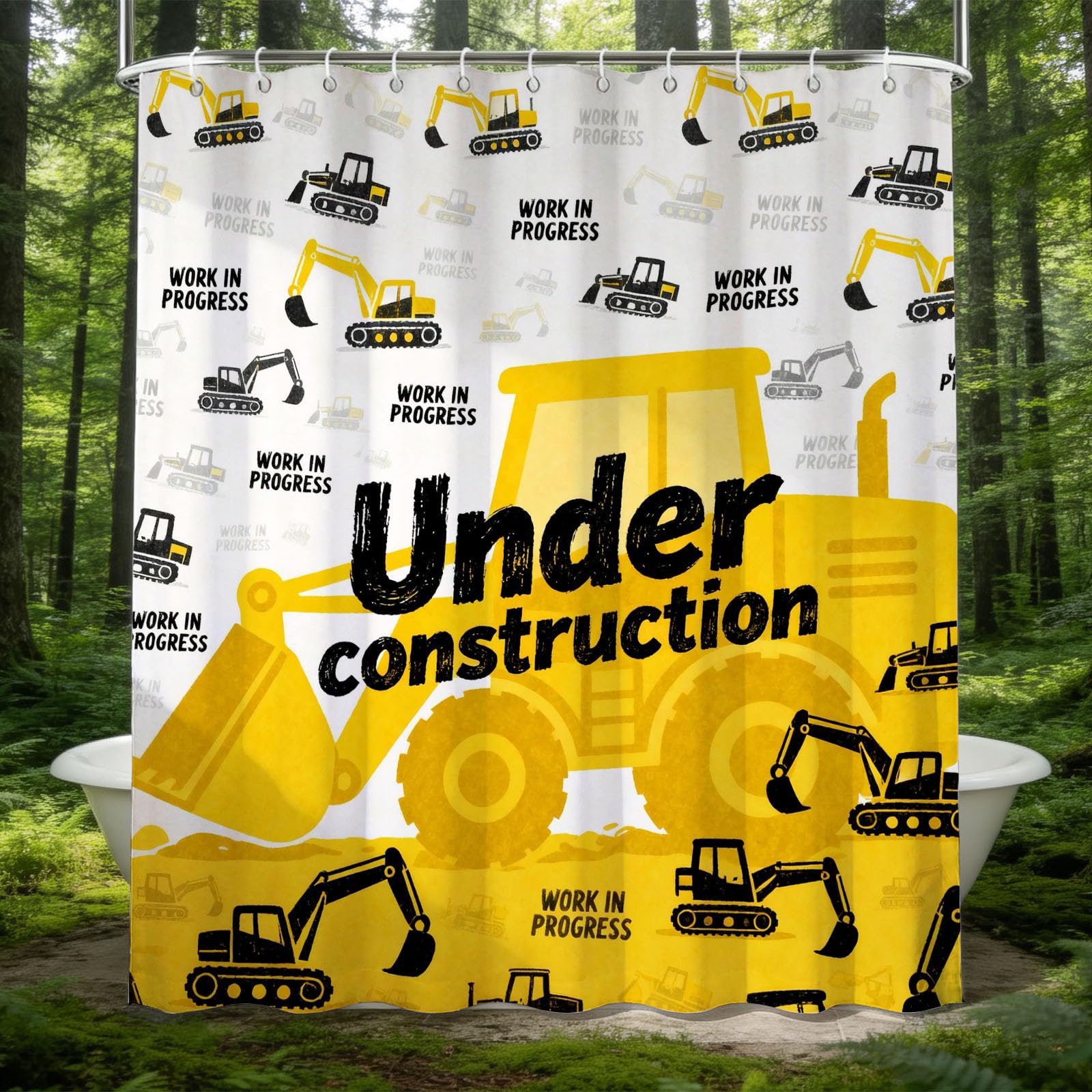 Hongduo 3D Excavator Shower Curtain for Stalls Bathtubs Construction Theme Bathroom Decor Shower Curtain Set Polyester Fabric Waterproof 180x180cm/71X71 Inch with Hooks