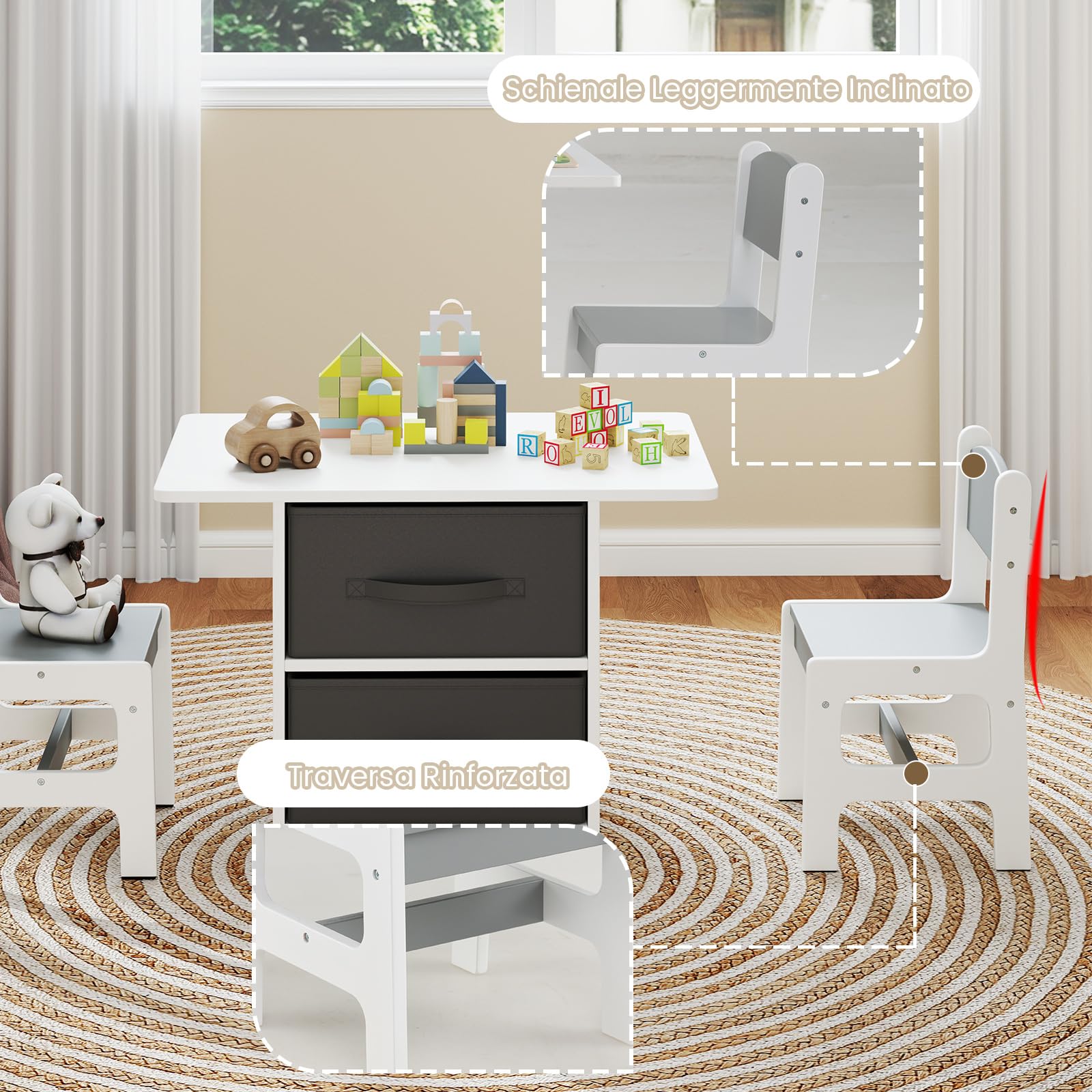 COSTWAY Set Tavolo e Sedie per Bambini 1-7 Anni, Tavolino in Materiale Atossico e Indore con 2 Sedie Ergonomiche con Schienale, Angoli Arrotondati, Ideale per Giocare, Disegnare e Leggere (Grigio)