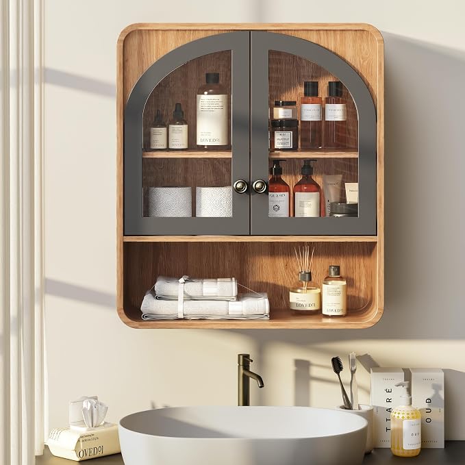 Armario de baño empotrado en pared, armario de medicinas con puertas de vidrio arqueadas y estante ajustable, almacenamiento sobre el inodoro para baño, lavandería, cocina o sala de estar miniatura 3