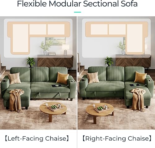 Miniatura 3 de LINSY HOME Sofá cama extraíble para sala de estar, sofá de pana de felpa en forma de L con almacenamiento y carga USB, sofá modular convertible de