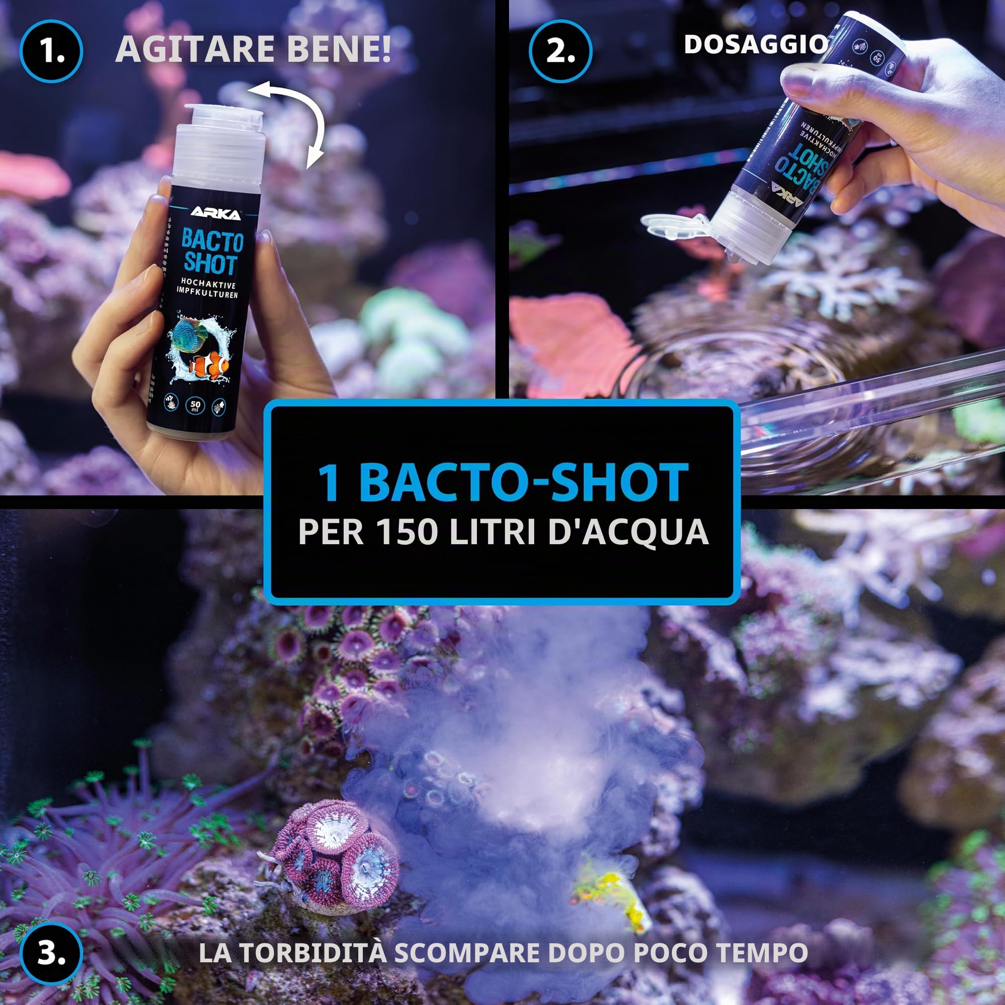 Batteri acquario 50 ml – ARKA Bacto-Shot – acqua chiara in 24 h – batteri filtranti e pulenti vivi – riduce nitriti e torbidità – con supporto naturale – per dolce, marino, gamberetti e coralli