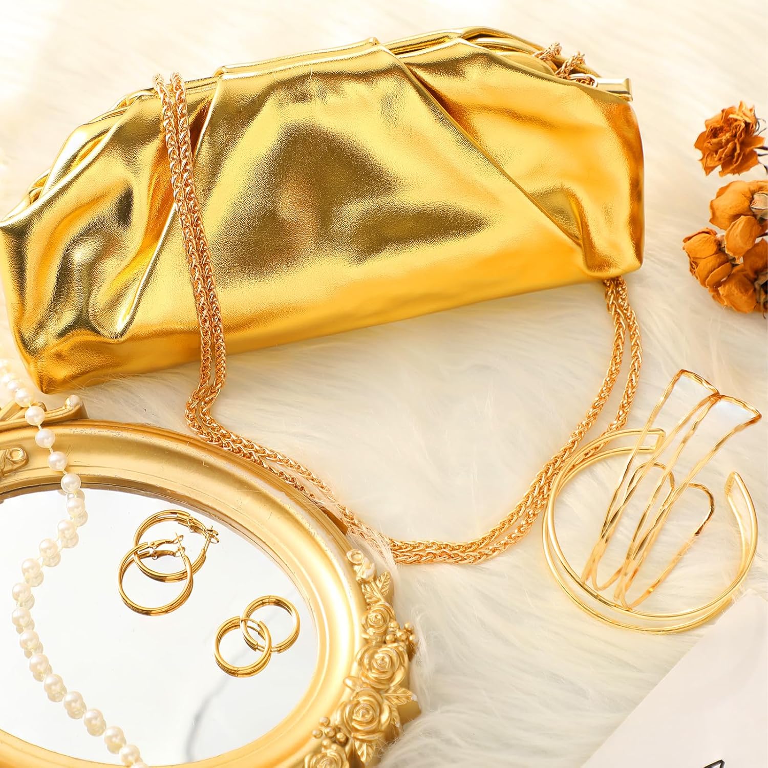 Misdary 5 Pcs Gold Clutch Purse Jewelry Set for Women Evening Handbag Jewelry Accessories Arm Cuff Earrings for Women Birthday Wedding Party Accessories - Image 4