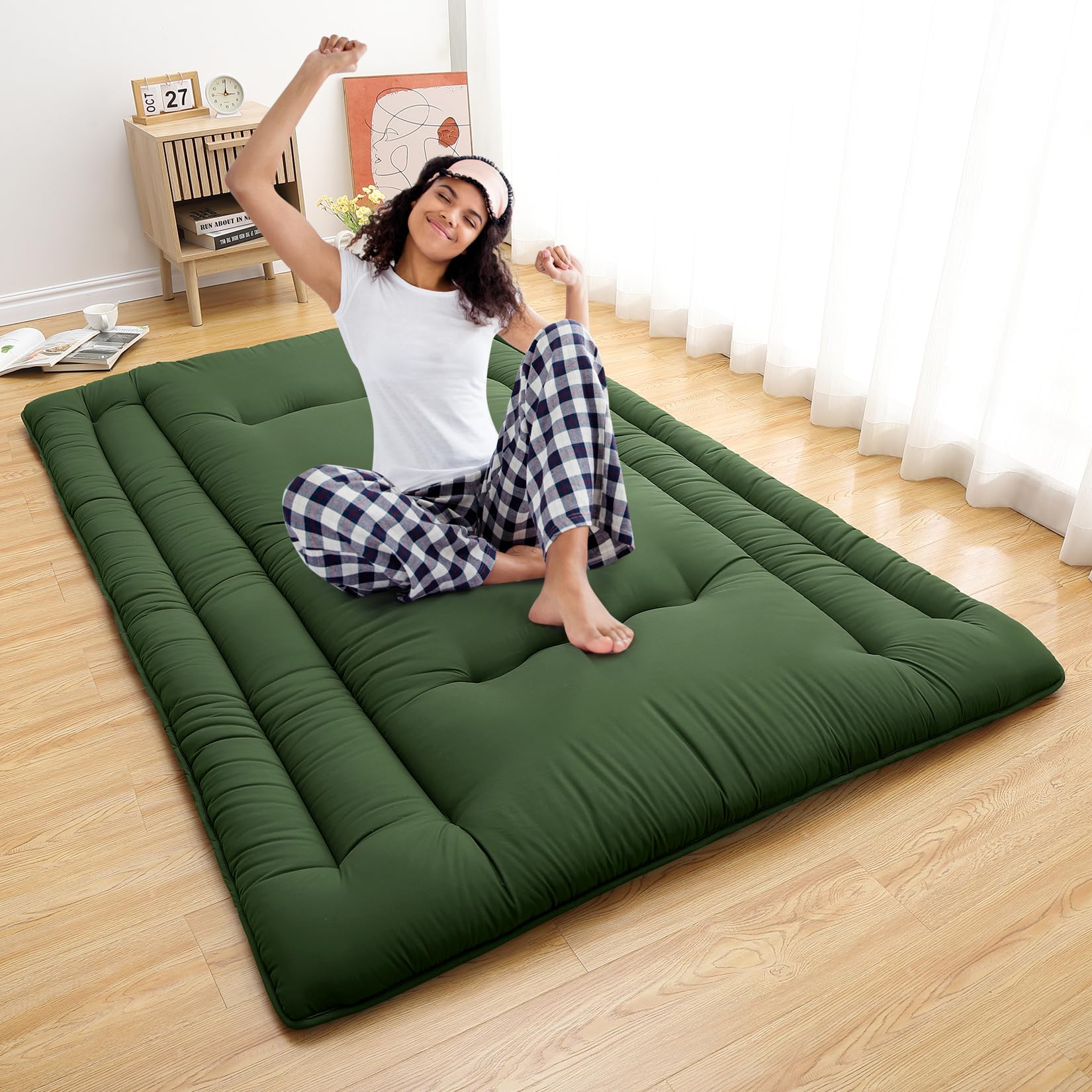 Full Size Futon Mattress, 7.5cm Foldable Sleeping Tatami Mattress for Adults, Roll Up Japanese Style Floor Bed, 3-Layer Foam Dormitory Floor Mattress for RV Travel Camping, Quilted Cover,Green Double