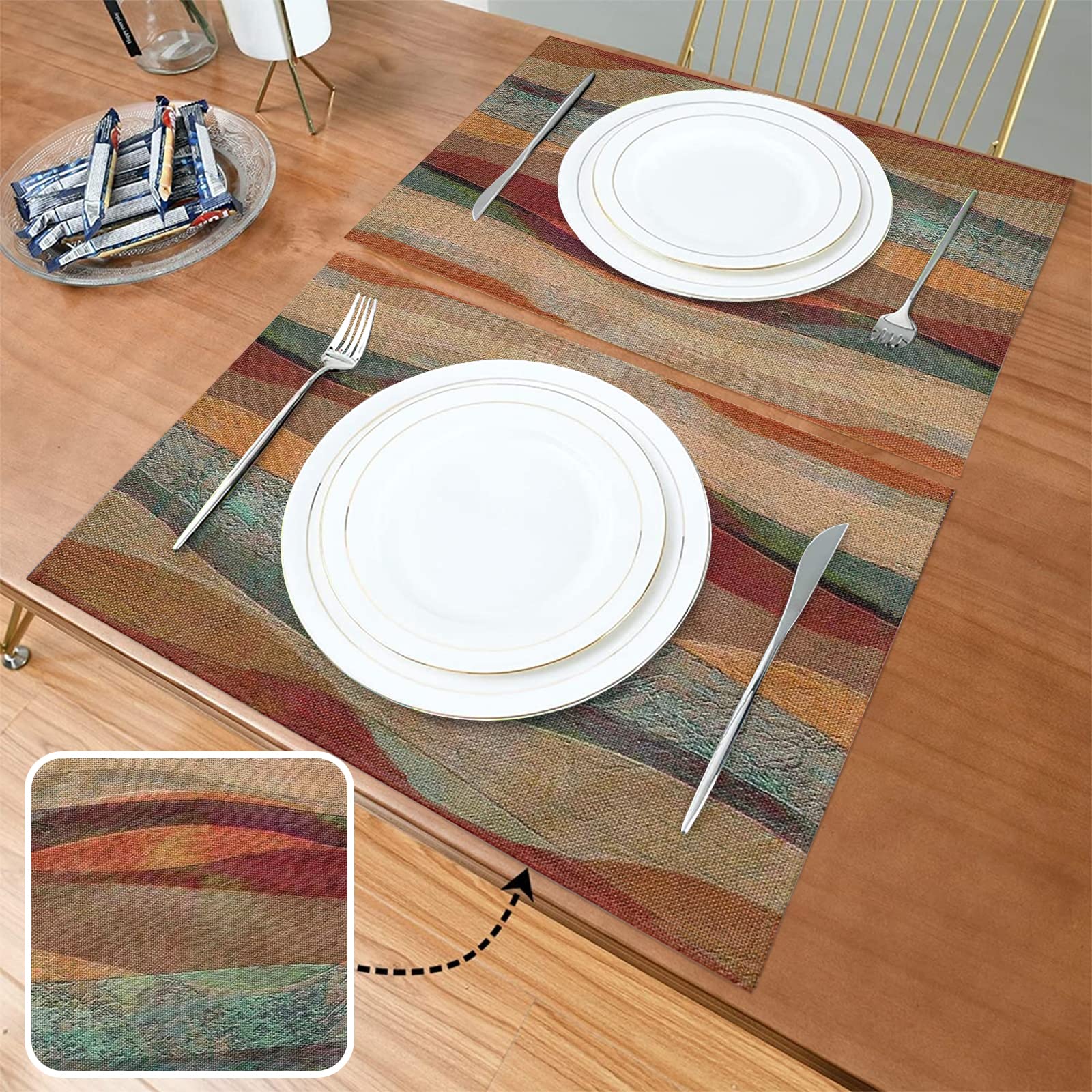 Juego de 6 manteles individuales de rayas Arizona turquesa del suroeste, manteles individuales de mesa de comedor de piedra arenisca travertino, manteles individuales lavables de tela de lino