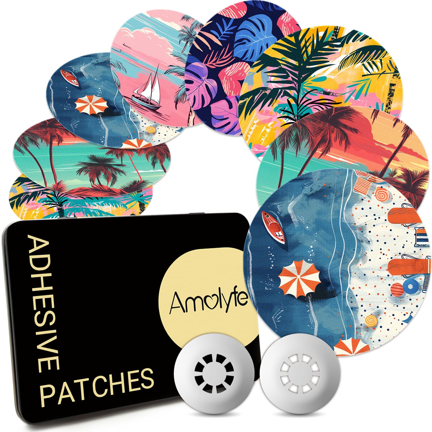 Libre 3 & Plus Sensor Covers Waterproof, 20-Pack Amolyfe Freestyle Libre 3 Covers, Bump-Proof with 2 Hard Caps and Tin Case, Breathable Medical CGM Adhesive Patches, 14-Day CGM Protection (Sunset)