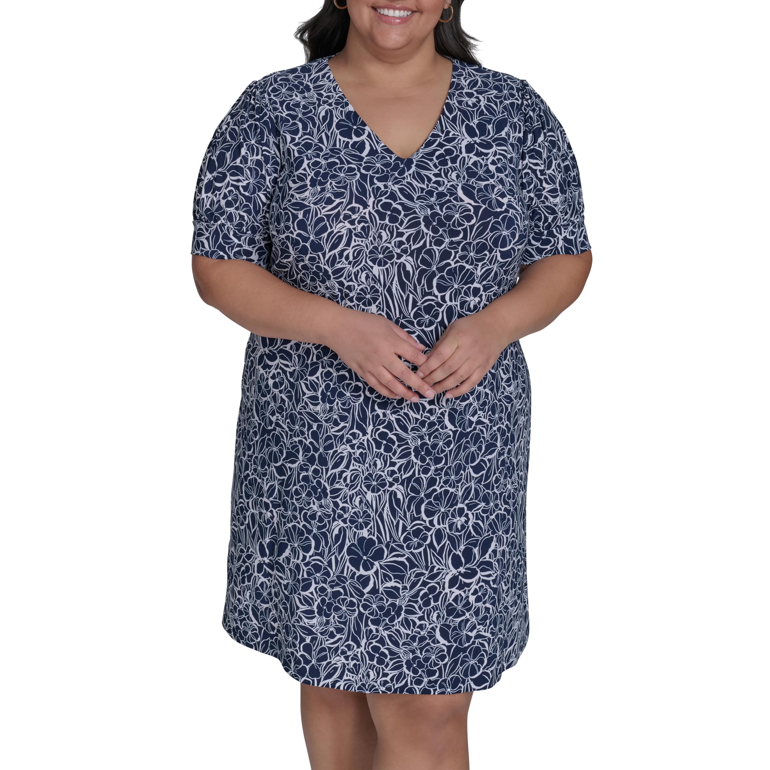 Tommy Hilfiger Women's Short Puff Sleeve V-Neck Shift Mini Dress