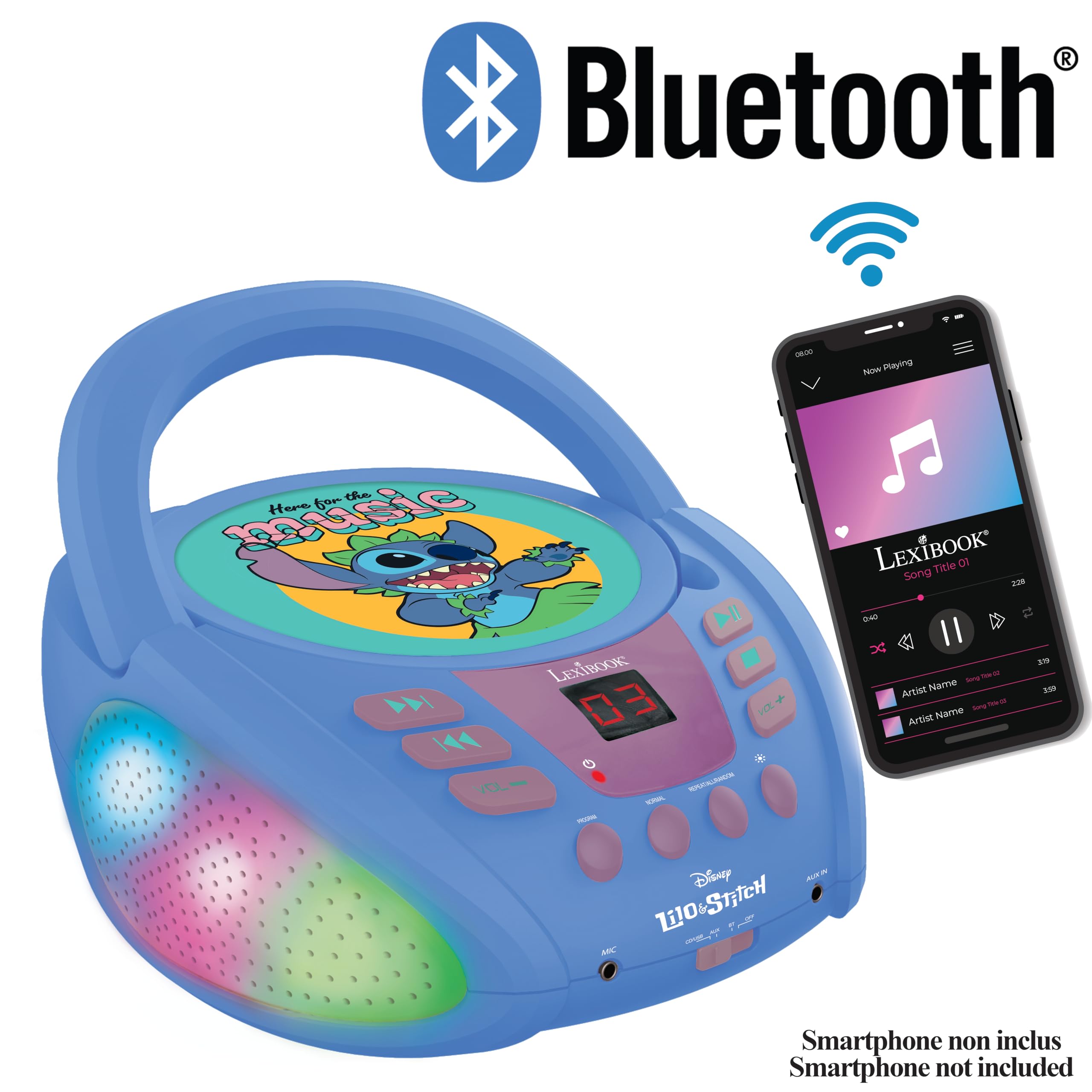 Lexibook - Disney Stitch - Bluetooth CD Player for Kids - Portable