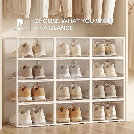 Pinkpum 12 Pack X-Large Shoe Storage Boxes, Shoe Organizer Clear Stackable