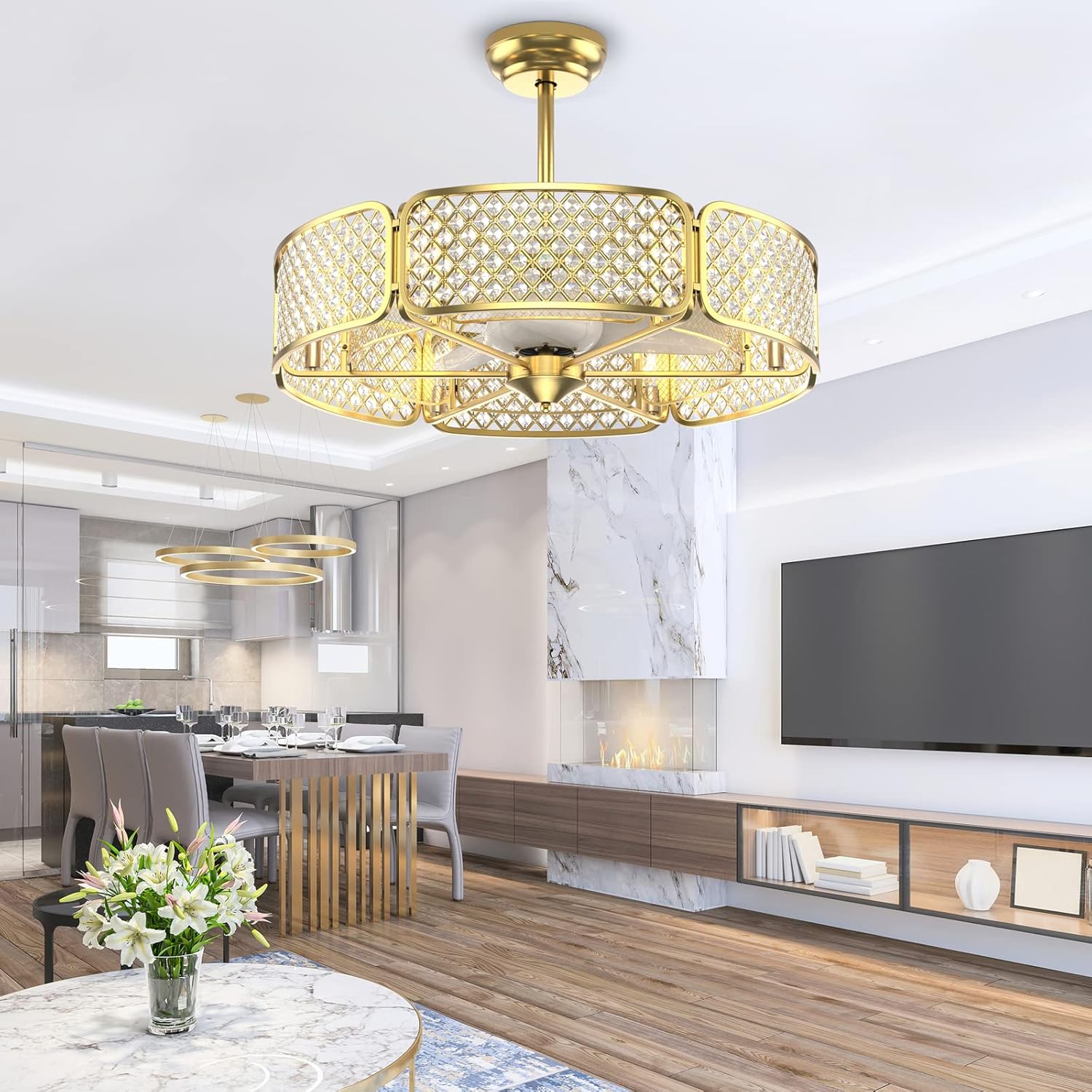 Tangkula Caged Ceiling Fan with Light, 30 Inch Crystal Ceiling Fan with 6 Light Bases, 3 Fan Blades & Remote Control, 6 Speeds, Reversible DC Motor, Timing Function, 6 x E12 Base (Golden)