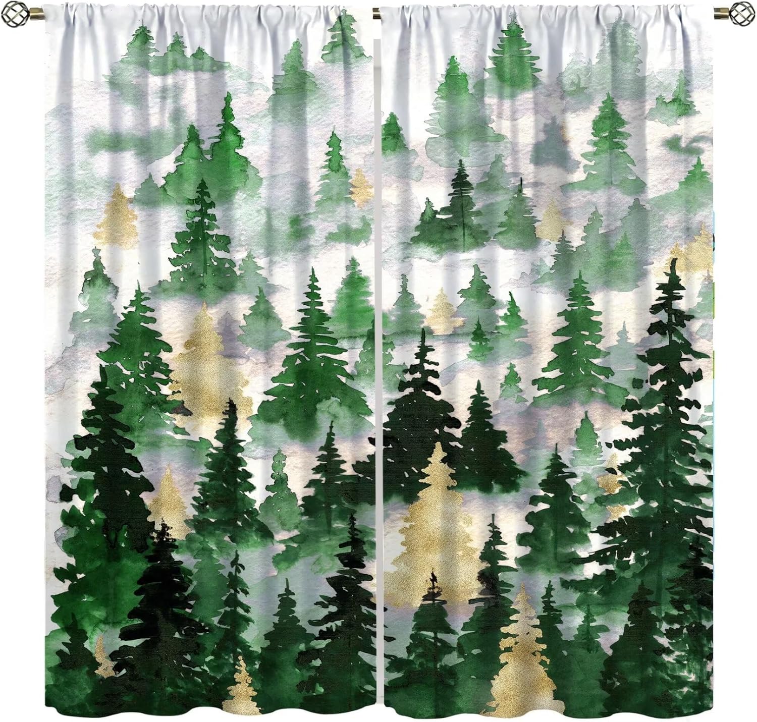 Green Gold Forest Curtains, Nature Tree Misty Forest Silhouette Landscape Window Treatments Curtains,Tree Woodland Curtains Rod Pocket Drapes for Living Room Bedroom, 42x63in