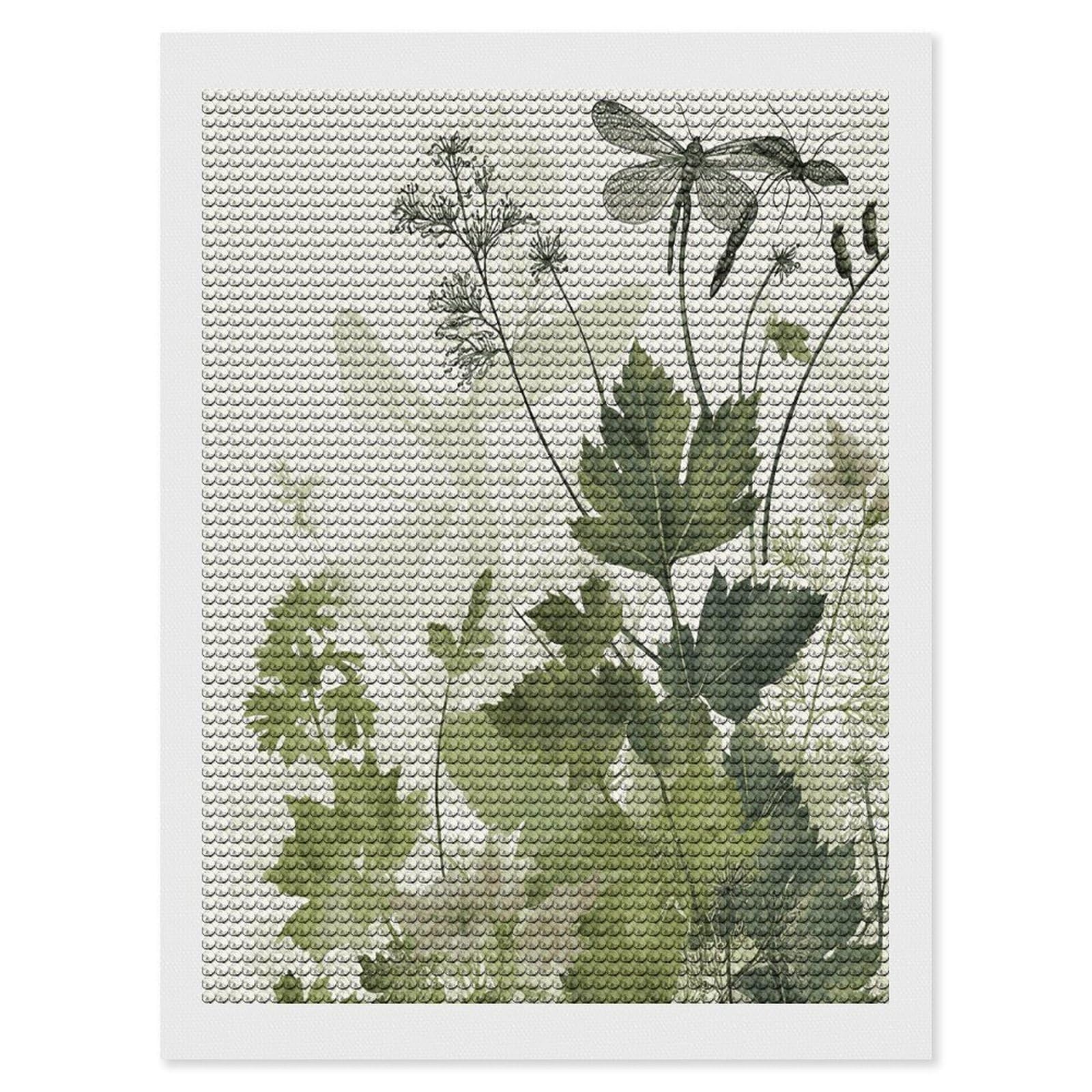 JTREHY Foliage and Herbs with Dragonflies Winged Diamond Art Kits Personalized DIY Round Diamond Painting Kits for Beginner Full Drill Diamonds Dots Paintings for Adults Gem Art Crafts Home Decor