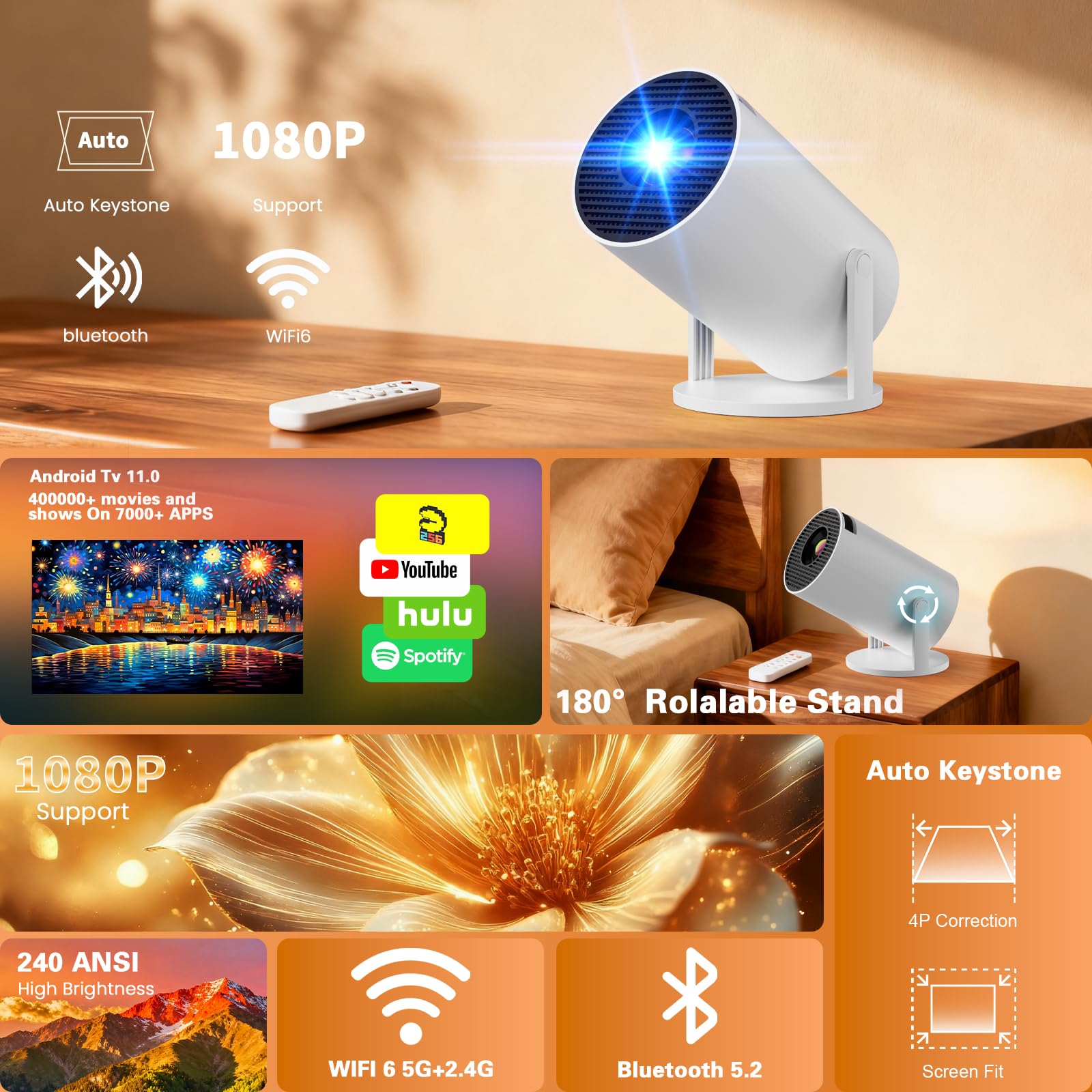 [App intégrée] Vidéoprojecteur 4K 1080P, Mini Projecteur Portable 180° Rotation WiFi 6 BT 5.4, Projecteur Full HD 1080P Auto Correction Trapézoïdale Horizontale