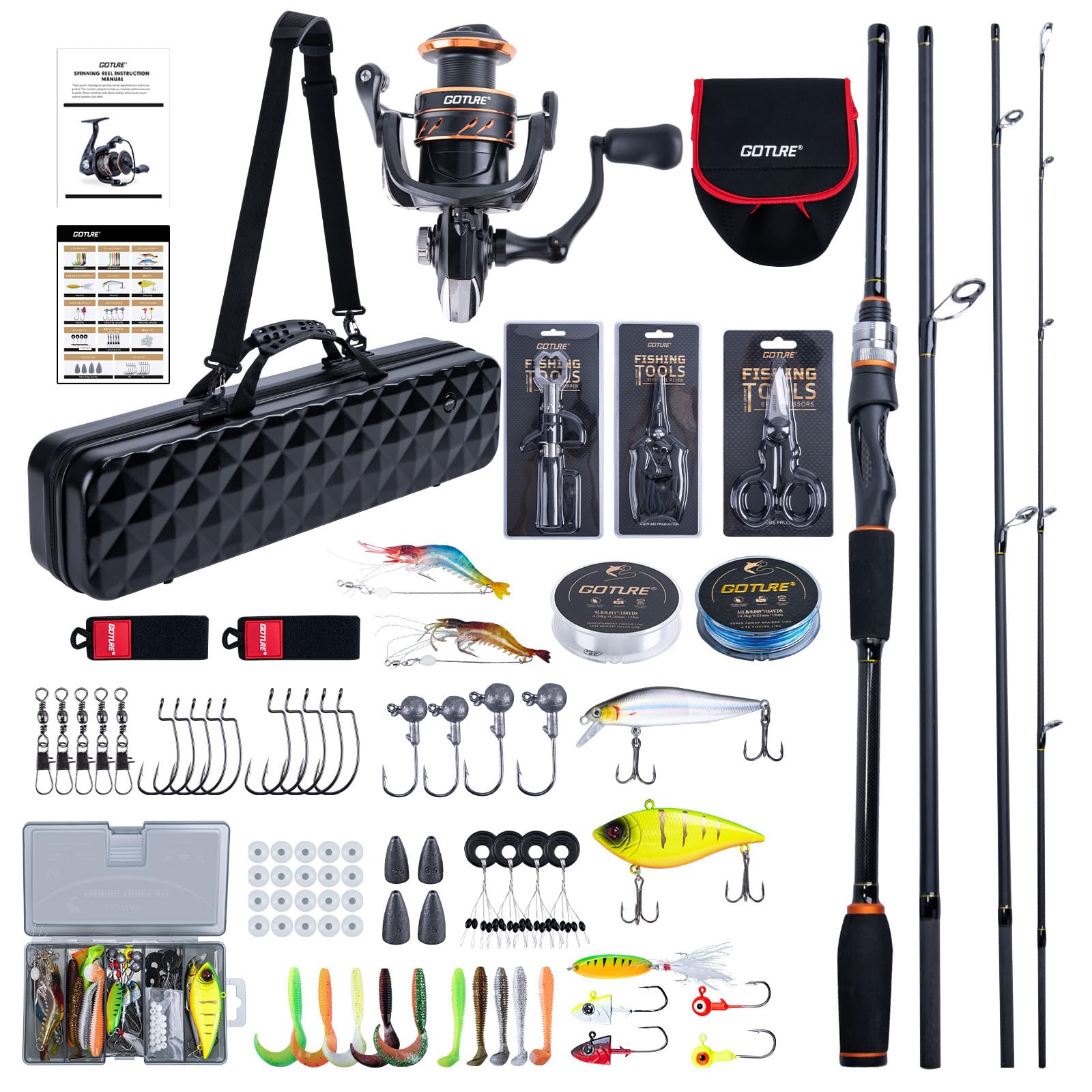 Goture 4 Pieces Travel Fishing Rod with Case, Carbon Fiber Spinning Fishing Pole 66Pcs Lure Set, Braided Line & Nylon Line Fishing Rod Kit for Travel Saltwater Freshwater Trout, Bass 2.4M