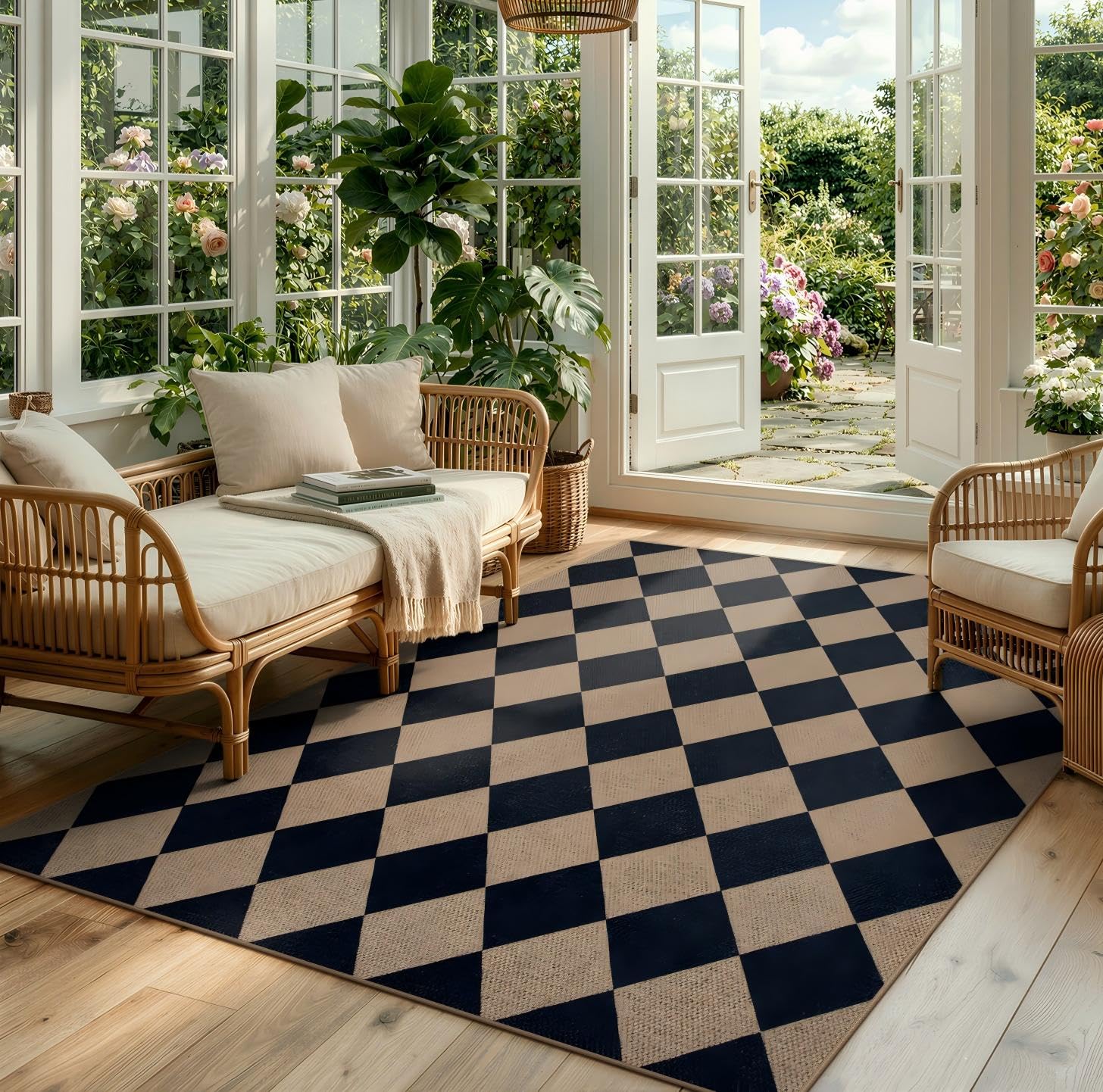 Lahome Colette Rug for Outdoor Use, Checkered, Simple Jute Rug, 12.7 x 17.8 cm, for Living Room, Natural, Large Dining Room, Farmhouse, Outdoor, Patio, Non-Slip, Diamond Rug for