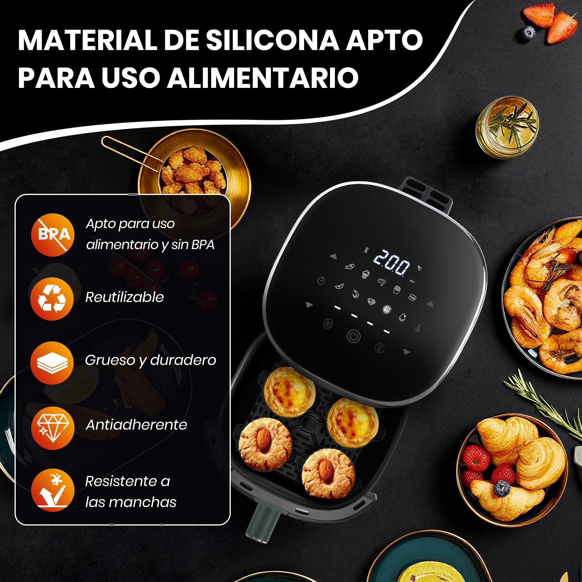 8 Piezas Molde Muffins Silicona, Moldes Silicona Freidora aire Reusable Non-Stick y Sin BPA, Molde Magdalenas Air Fryer Apto para Magdalenas, Pasteles, Huevos y Pudines