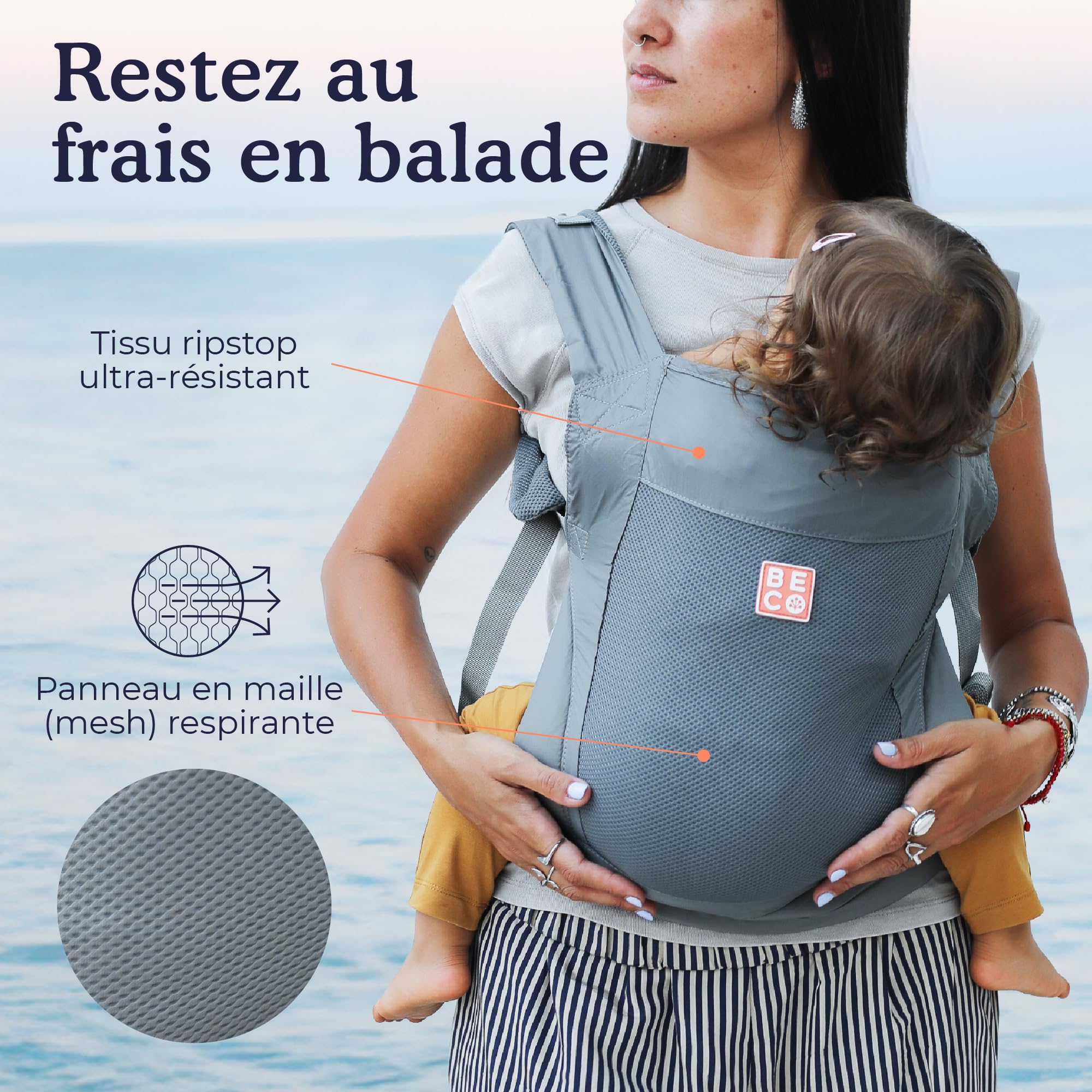 Beco Fly Mochila Portabebé Ligera Niño, Plegable, 7-20 kg, Gris | Malla Transpirable para verano, Porteo a la Espalda en Posición M Ergonómica, se pliega en su bolsa para viajes y rutas.