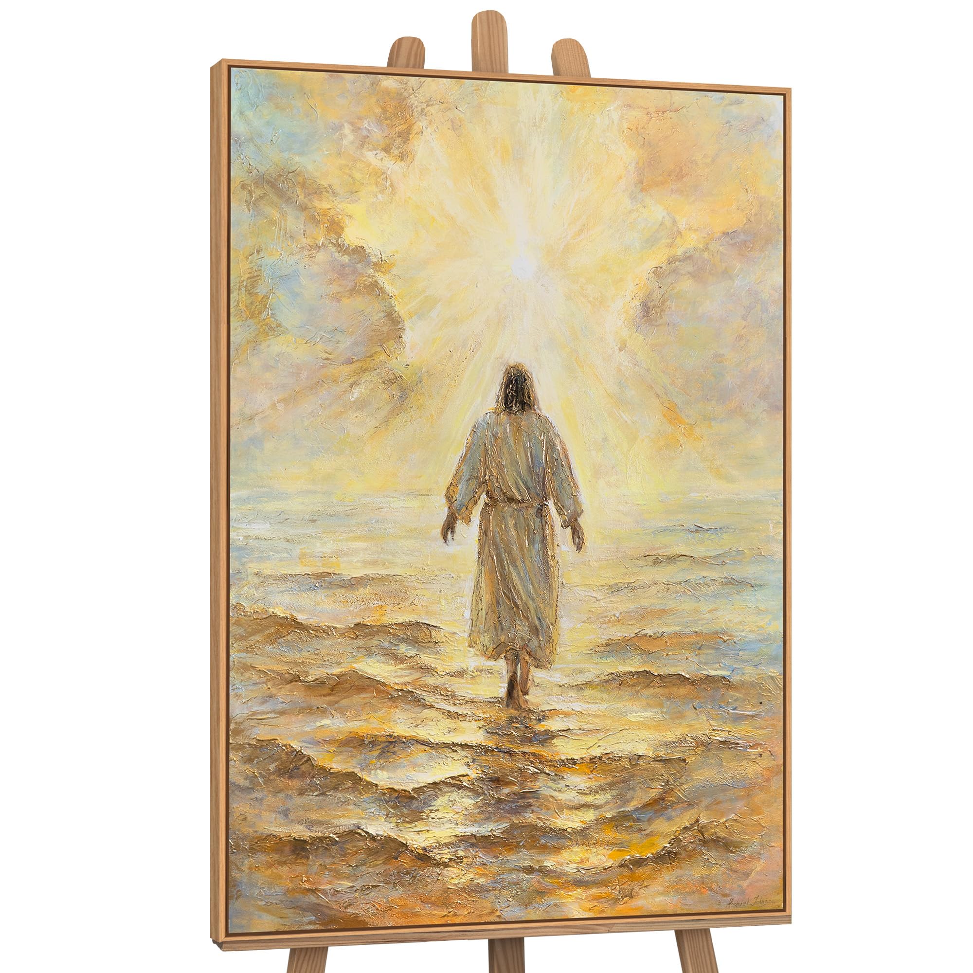 YS -Art Dipinto a mano Gesù Quadro su tela Spirituale Murale cristiana con cornice Pittura Acrilica Religiosa Mare & Luce Decorazione moderna da parete 120 x 80 cm