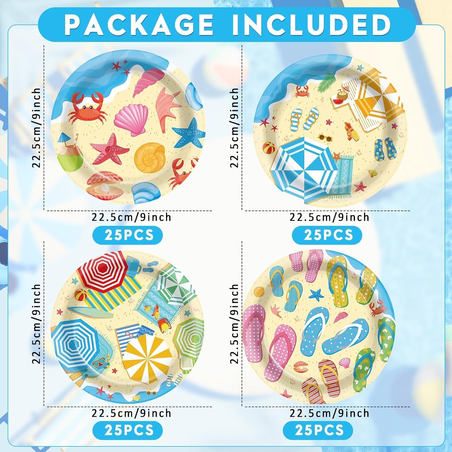OBUSATT 100Pcs Summer Beach Party Plates Hawaiian 9 Inch Dinner Dessert Paper Plates Disposable Umbrella Flip Flops Tableware Cake for Summer Pool Tropical Birthday Party Decorations Supplies Favor