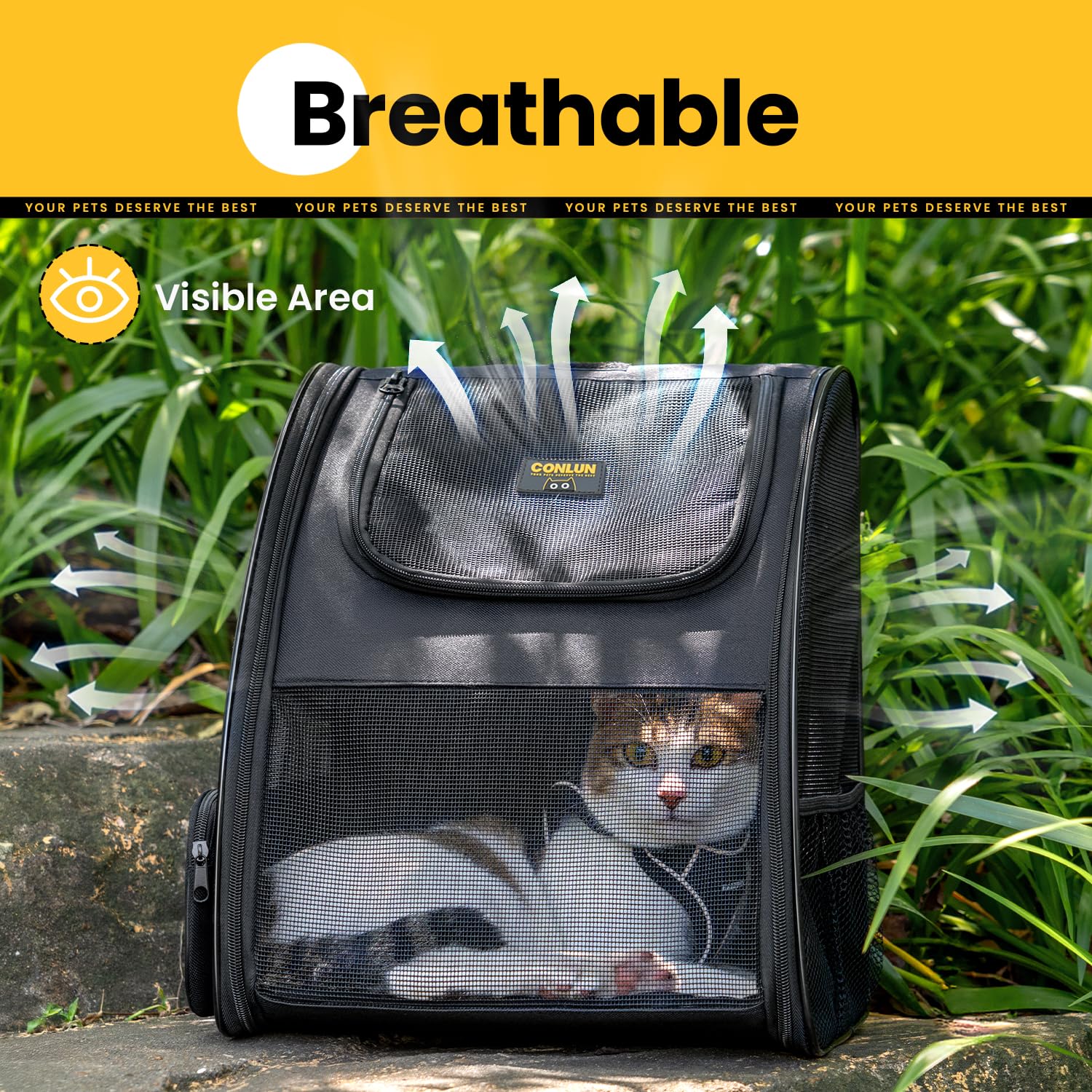 Conlun Sac à Dos Transport Chat et Sac à Dos Chien pour Petits Chiens et Chats jusqu'à 7kg, Sac à Dos pour Chien Pliable avec Fenêtres en Maille sur 3 côtés pour Voyages et randonnées,Noir