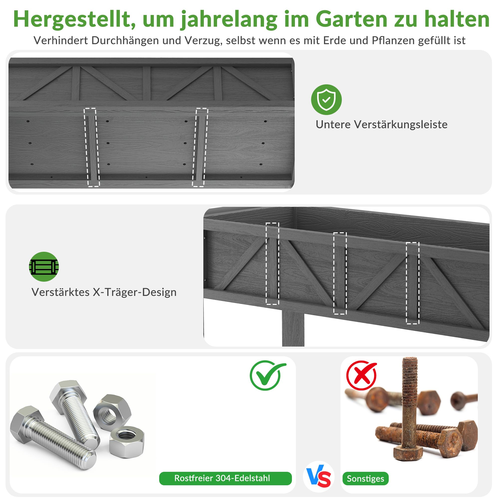 Hochbeet 120x44x70cm, Metall Hochbeet mit Rollen & Griff, 3 Haken & Vlieseinlage, Für Gemüse Blumen Kräuter, Garten Balkon Terrasse, Grau
