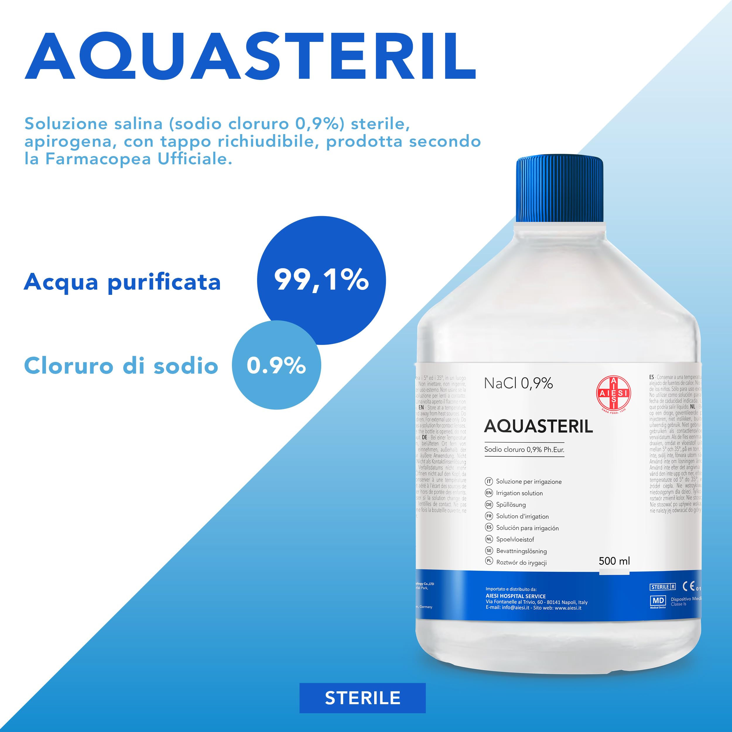 AIESI® Soluzione fisiologica salina (10x500 ml) per lavaggi nasali, aerosol e irrigazione con tappo richiudibile AQUASTERIL, Sodio cloruro 0,9% per cassetta pronto soccorso