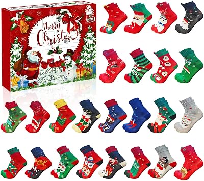 Christmas 24 Pairs Socks Advent Calendar 2026, 24 Days of Christmas Countdown Calendar with Cute Pattern Socks for Xmas Stocking Gifts Idea Red-UK 6-11