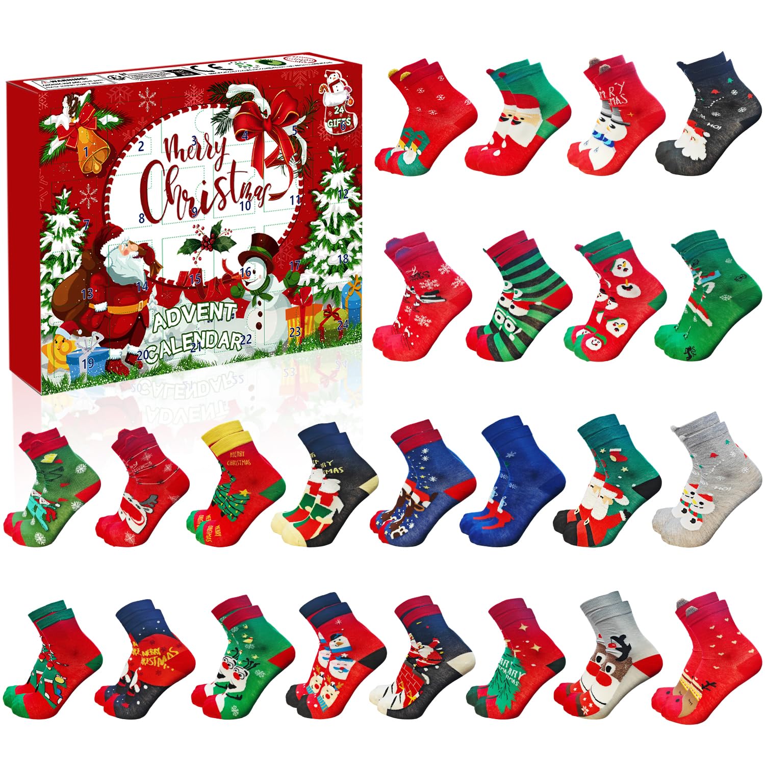 24 Tage Socken Adventskalender 2025 - Weihnachtsgeschenk Mit 12 Paar Festlichen Socken