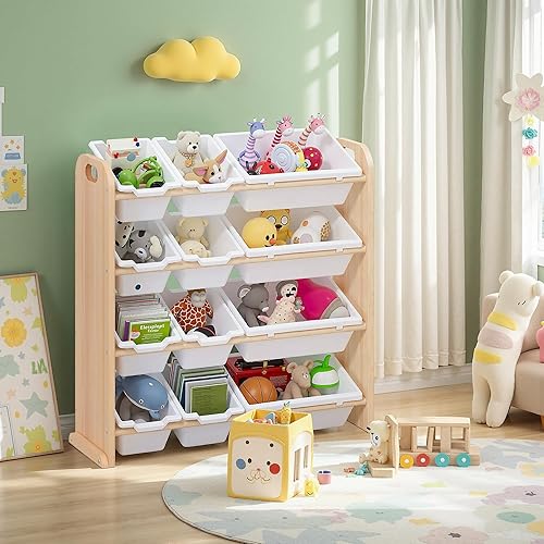 Miniatura 10 de VECELO Estantería para niños con 12 contenedores, estante de madera para juguetes para niños pequeños, almacenamiento de gran capacidad para libros,