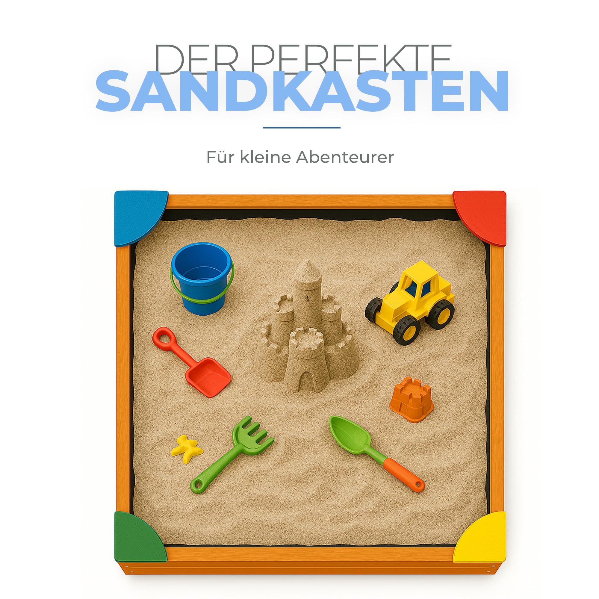 Bestlivings Sandkasten mit Abdeckung 90x90x16 cm, Holz Sandbox inkl. Bodenplane gegen Unkraut und Käfer, Buddelkasten mit bunten Ecken für den Garten