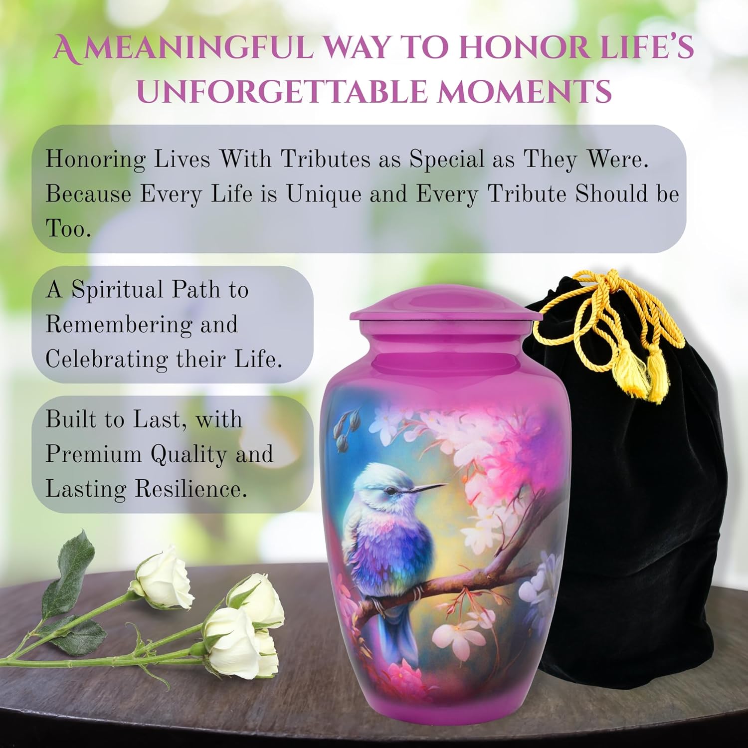 Bright Purple Hummingbird Cremation Urns for Adult Human Ashes – Handmade Urn – Decorative Funeral Memorial Urn for Women & Men – Large 200 Cubic inches - Mom & Dad