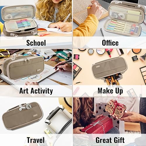 Miniatura 28 de Estuche para lápices, organizador de gran capacidad; bolsa de almacenamiento con doble cremallera; bolsa grande para lápices para universidad