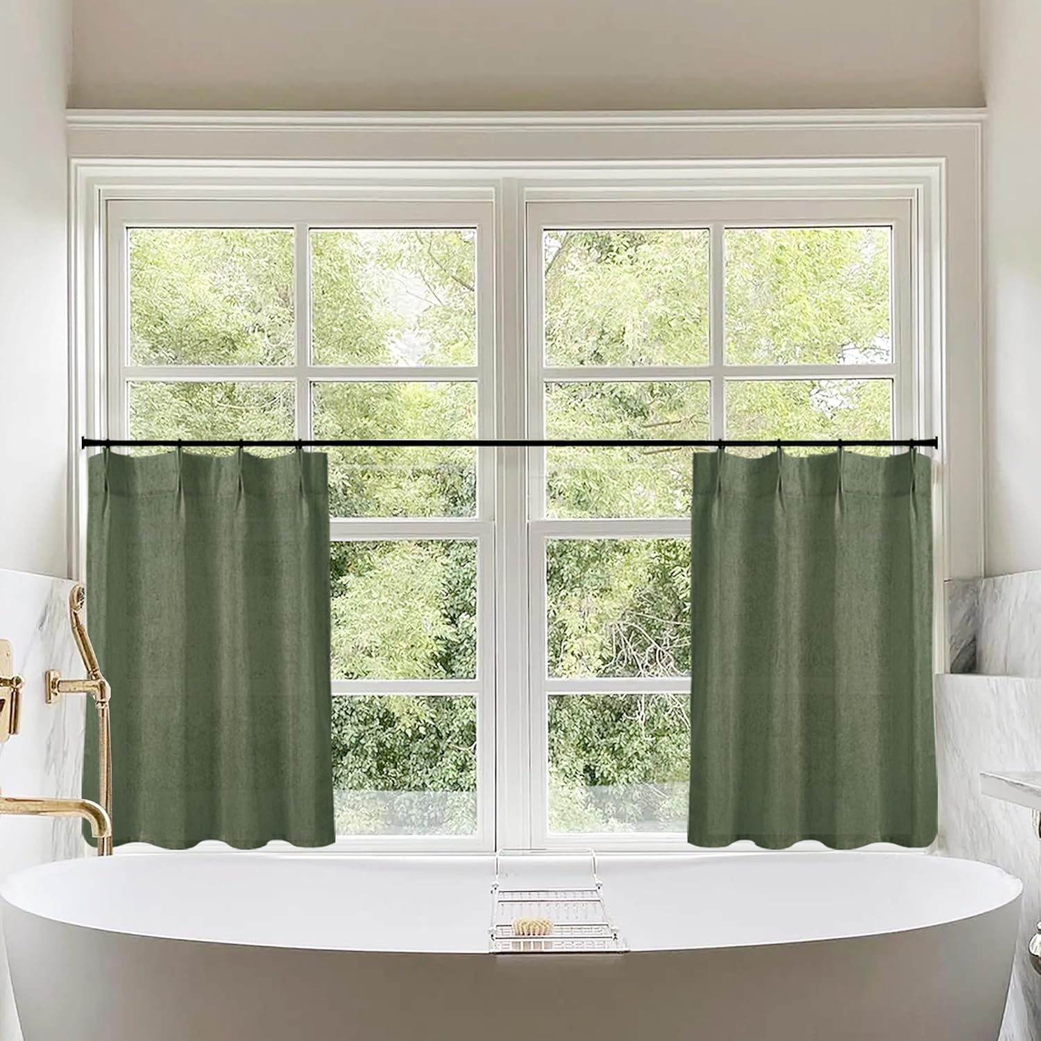 Bathroom Window Curtain,Short Cute Boho Olive Green Sheer Privacy Linen Small Moody Curtains for Shower Window