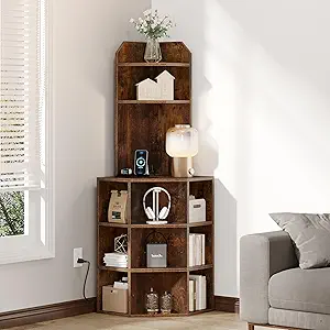 GOOBED Corner Shelf Cabinet, Industrial Corner Storage Rack with Charging Station, Wooden Display Bookshelf Living Room, Bedroom, Dining Room, Kitchen, Rustic Brown