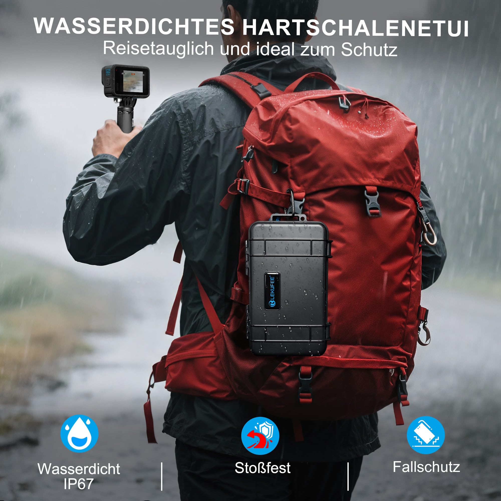 Lekufee Reise wasserdichte Tragekoffer für GoPro Hero 13/12/11/10/9,Hero 4K, LIT Hero, Media Mod und anderes Zubehör (Nur Tasche & Case)