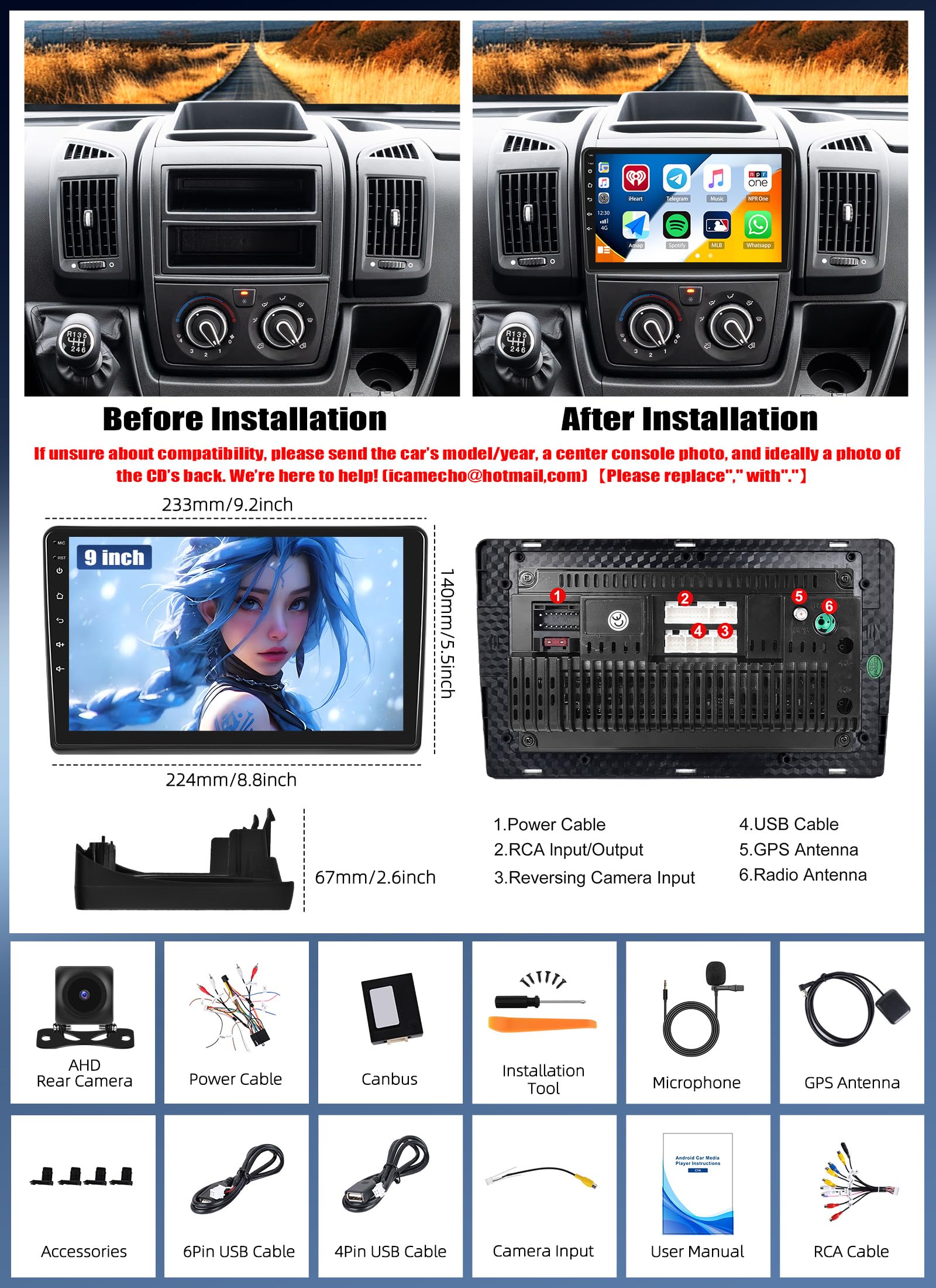 [6+128G 8-Core] CAMECHO Android 15 Autoradio per Fiat Ducato/Peugeot Boxer/Citroen Jumper, DSP Carplay Wireless, 9" Stereo con Schermo Bluetooth Stereo Auto GPS WiFi FM/RDS MirrorLink+Telecamera