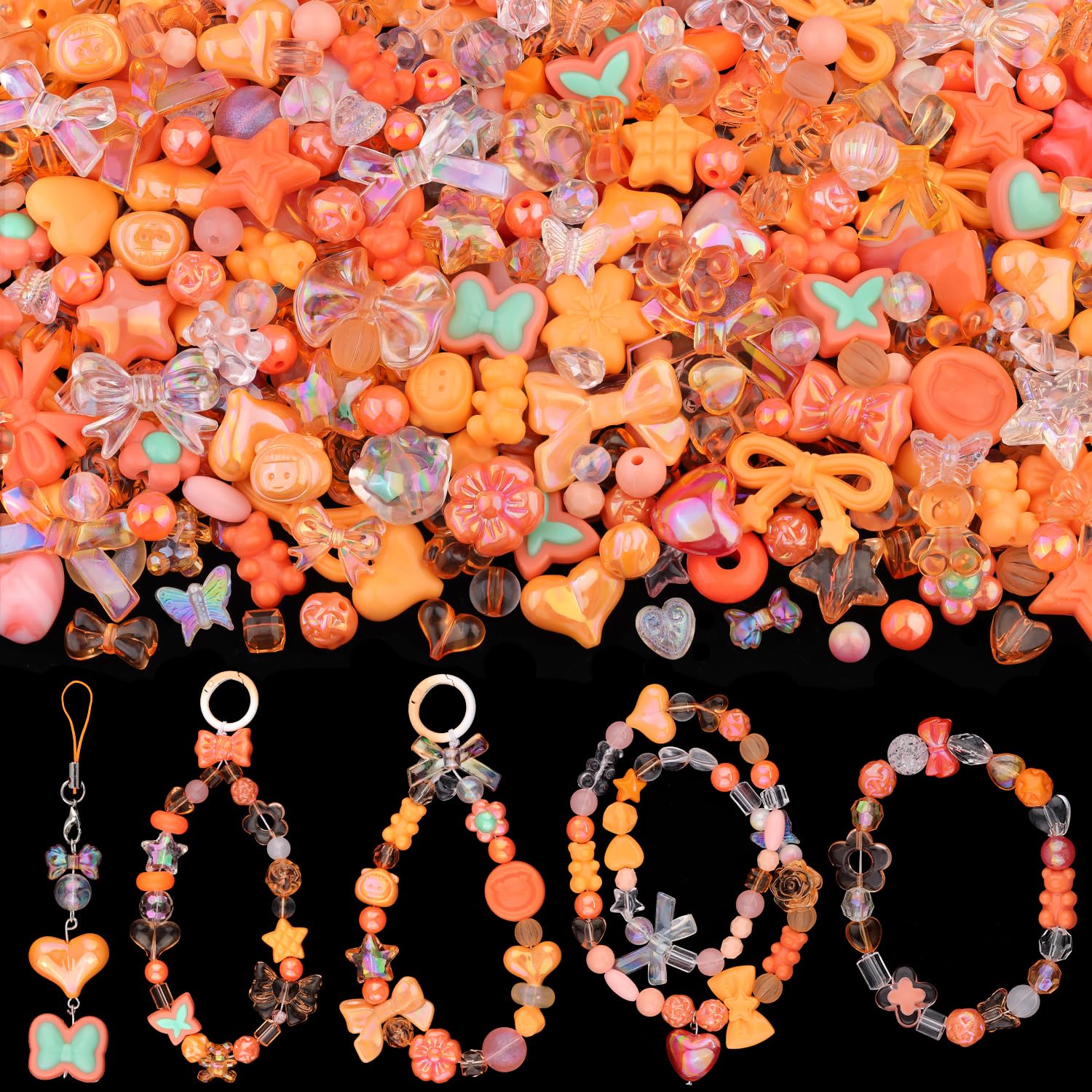 TINKRSTUFFAssorted 170-230PCS Orange Acrylic Beads for Bracelet Making, Flower Bow Butterfly Candy GummyBear Aesthetic Bracelet Charms,Cute Beads for Jewelry Making DIY Necklace Keychain Phone Charm